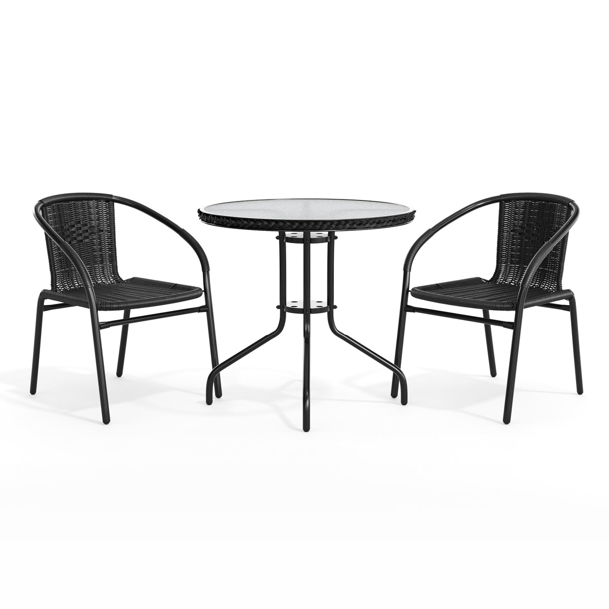 Barker 28'' Round Glass Metal Table with Rattan Edging and 2 Rattan Stack Chairs