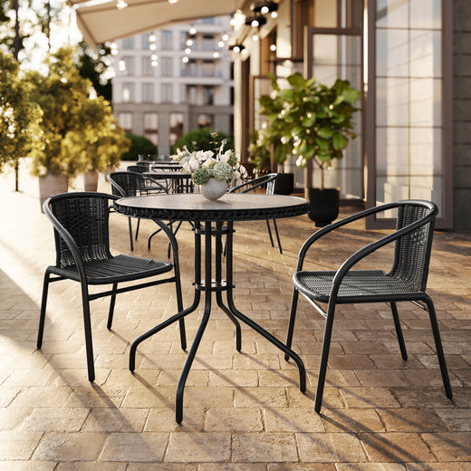 Barker 28'' Round Glass Metal Table with Rattan Edging and 2 Rattan Stack Chairs