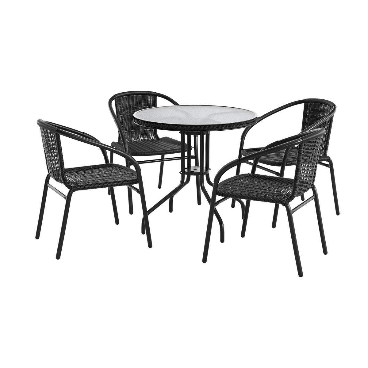 Barker 28'' Round Glass Metal Table with Rattan Edging and 4 Rattan Stack Chairs