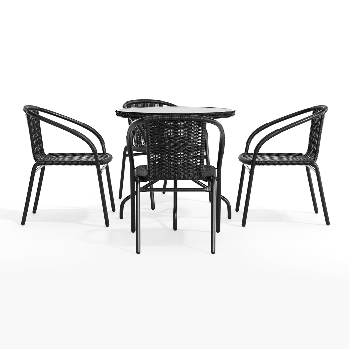 Barker 28'' Round Glass Metal Table with Rattan Edging and 4 Rattan Stack Chairs
