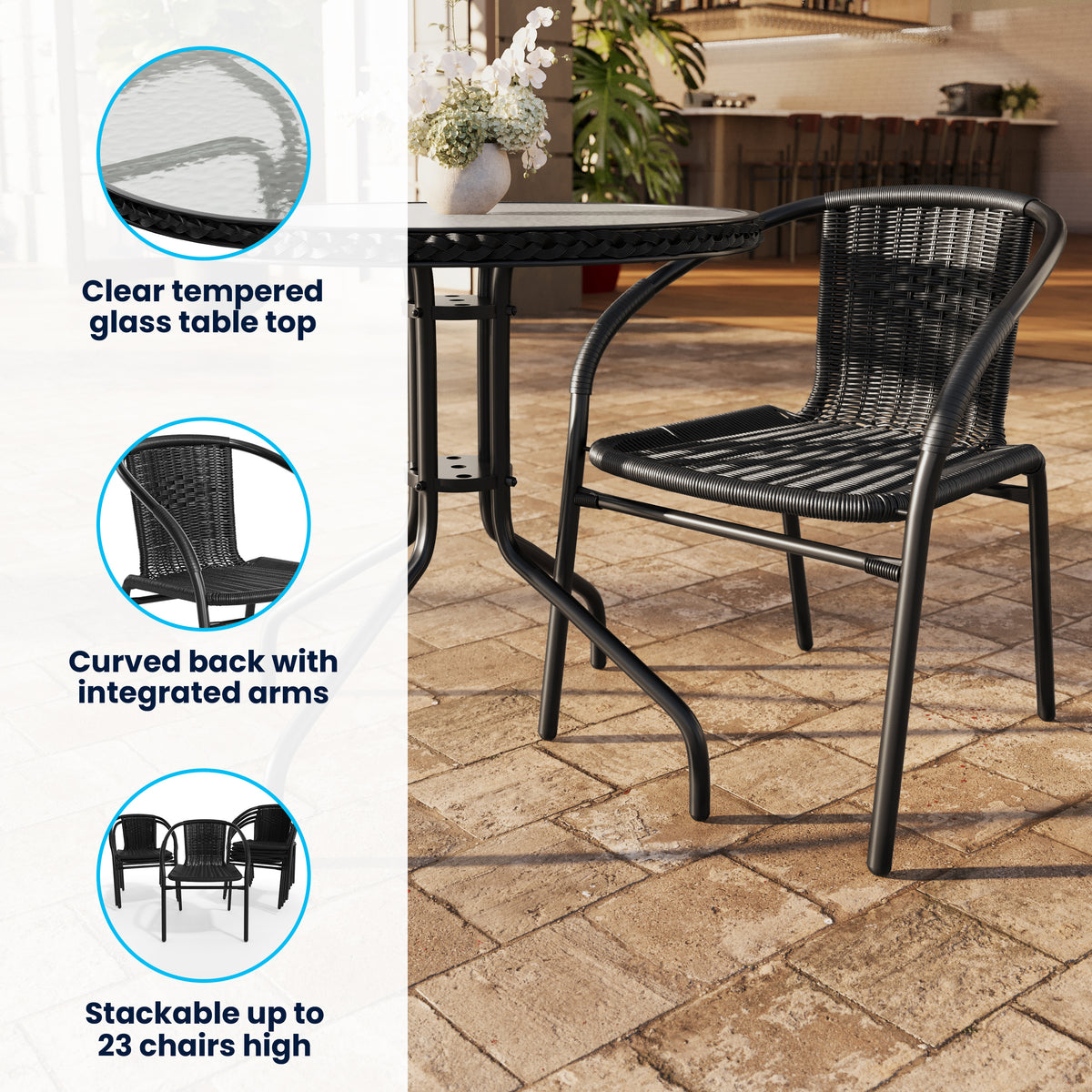 Barker 28'' Round Glass Metal Table with Rattan Edging and 4 Rattan Stack Chairs
