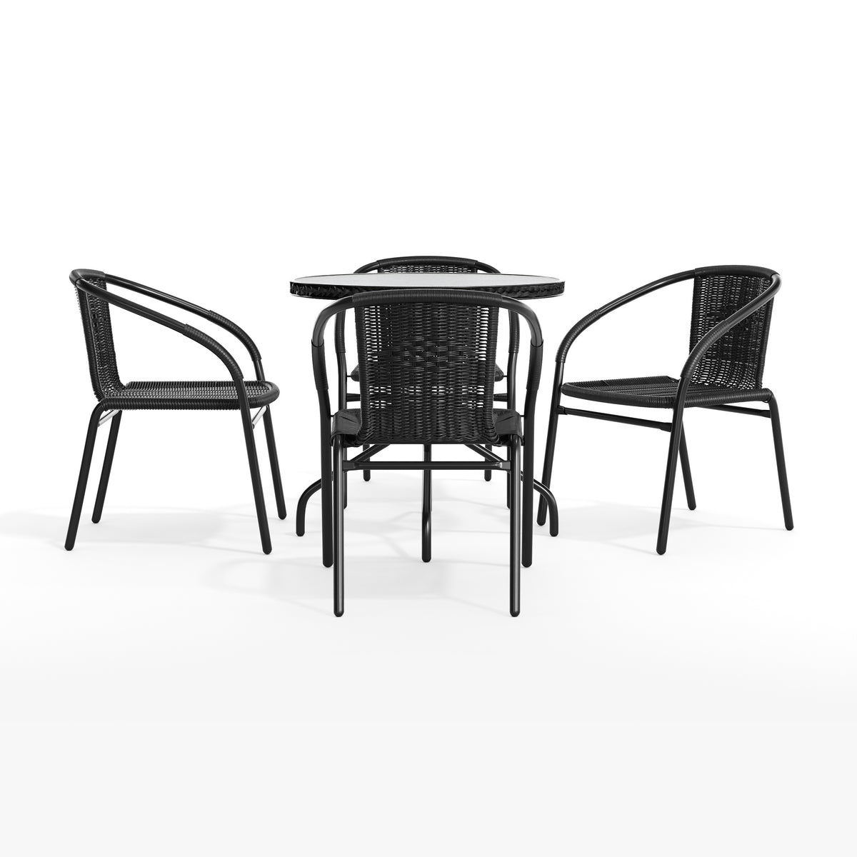 Barker 28'' Round Glass Metal Table with Rattan Edging and 4 Rattan Stack Chairs