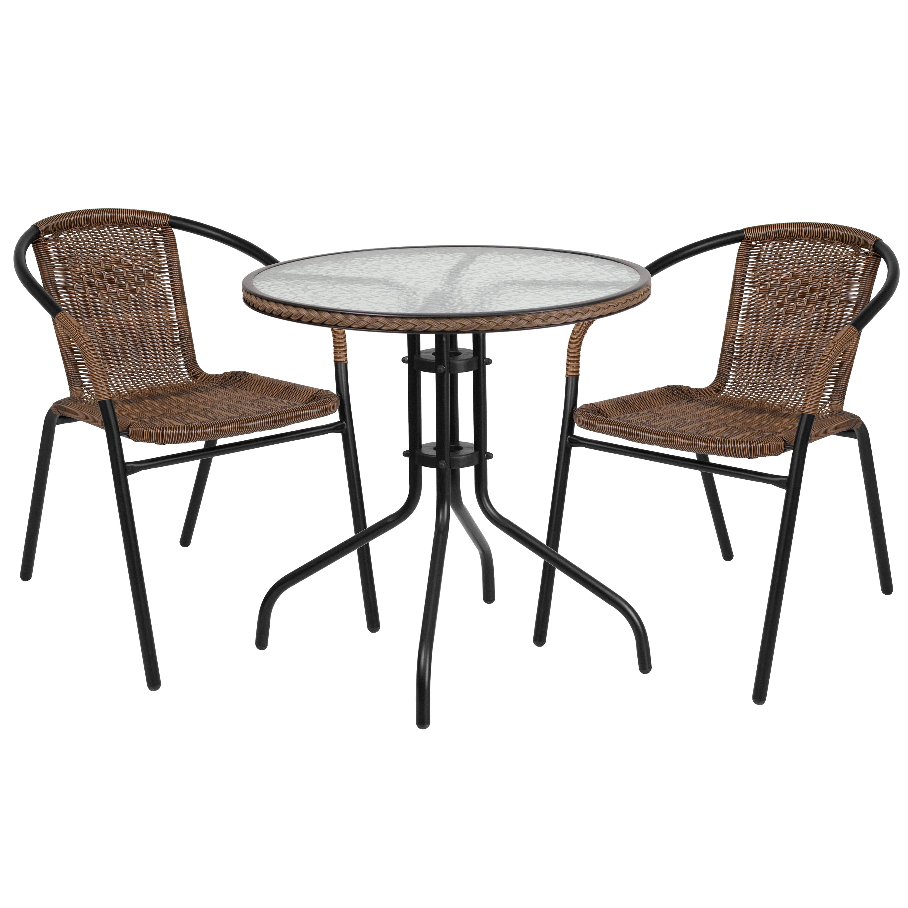 Barker 28'' Round Glass Metal Table with Rattan Edging and 2 Rattan Stack Chairs-Indoor/Outdoor Dining Sets-Flash Furniture-Wall2Wall Furnishings