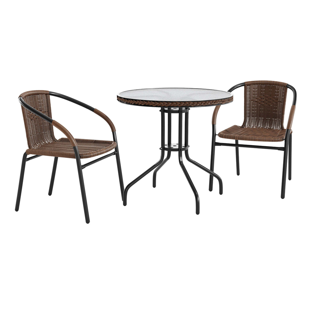 Barker 28'' Round Glass Metal Table with Rattan Edging and 2 Rattan Stack Chairs