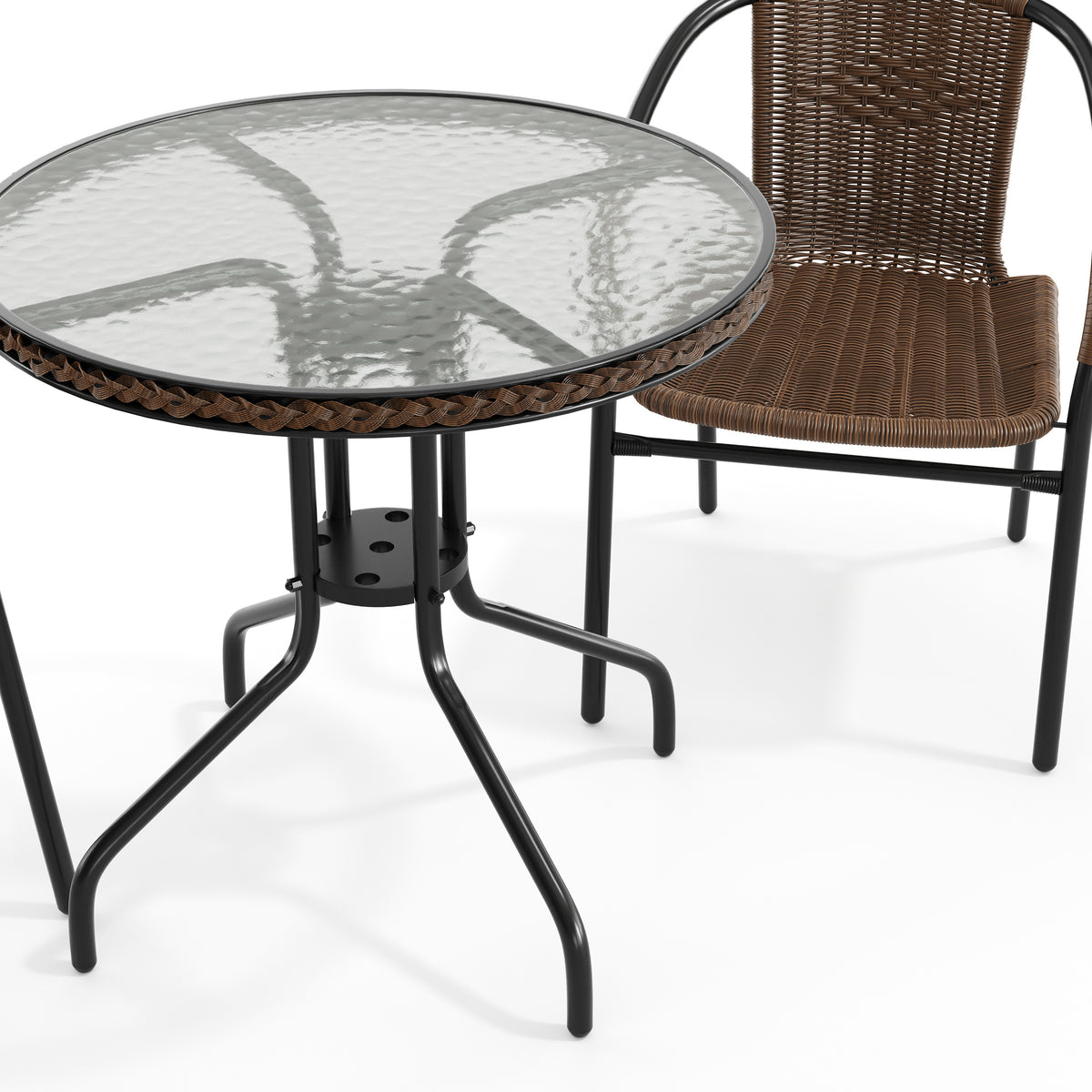 Barker 28'' Round Glass Metal Table with Rattan Edging and 2 Rattan Stack Chairs