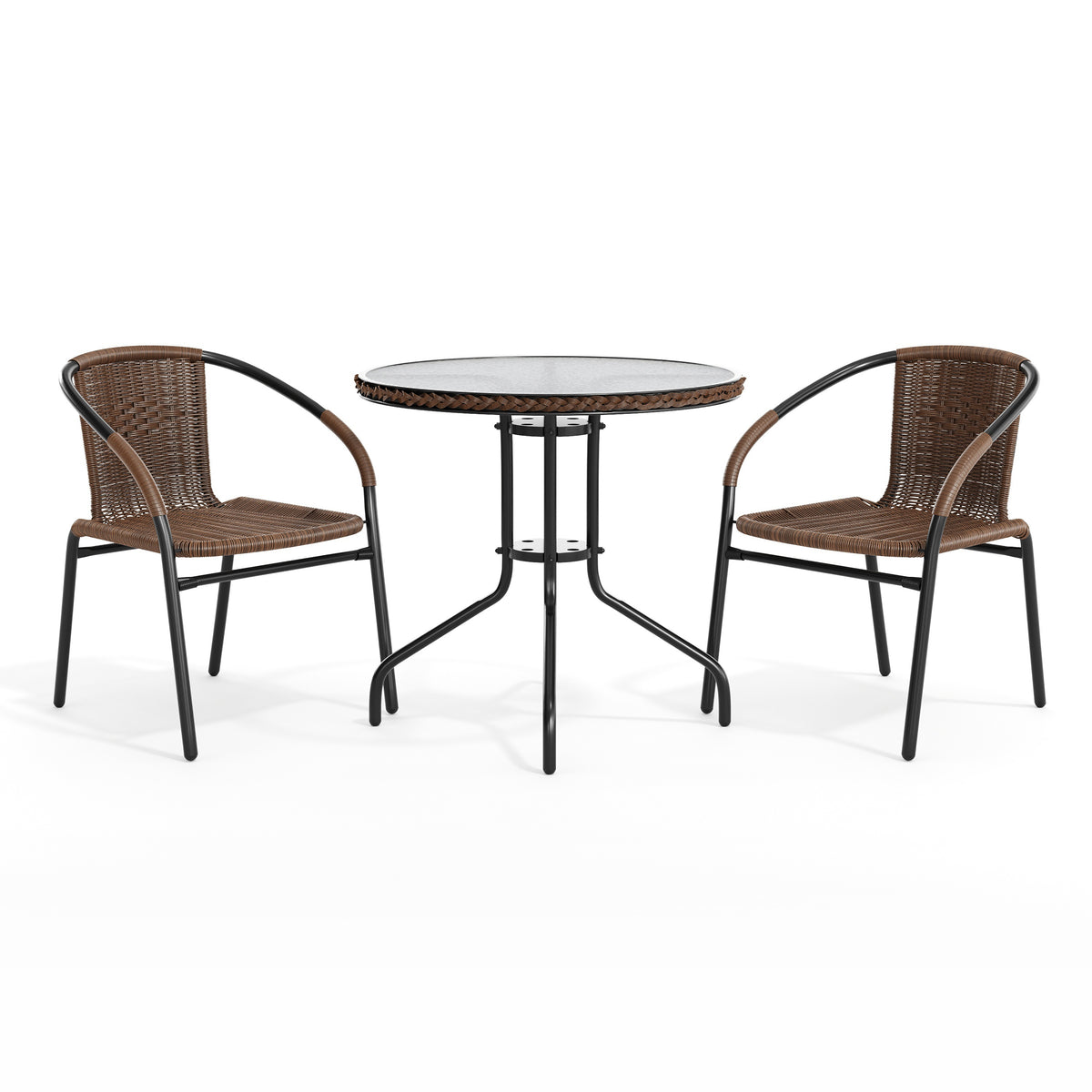 Barker 28'' Round Glass Metal Table with Rattan Edging and 2 Rattan Stack Chairs