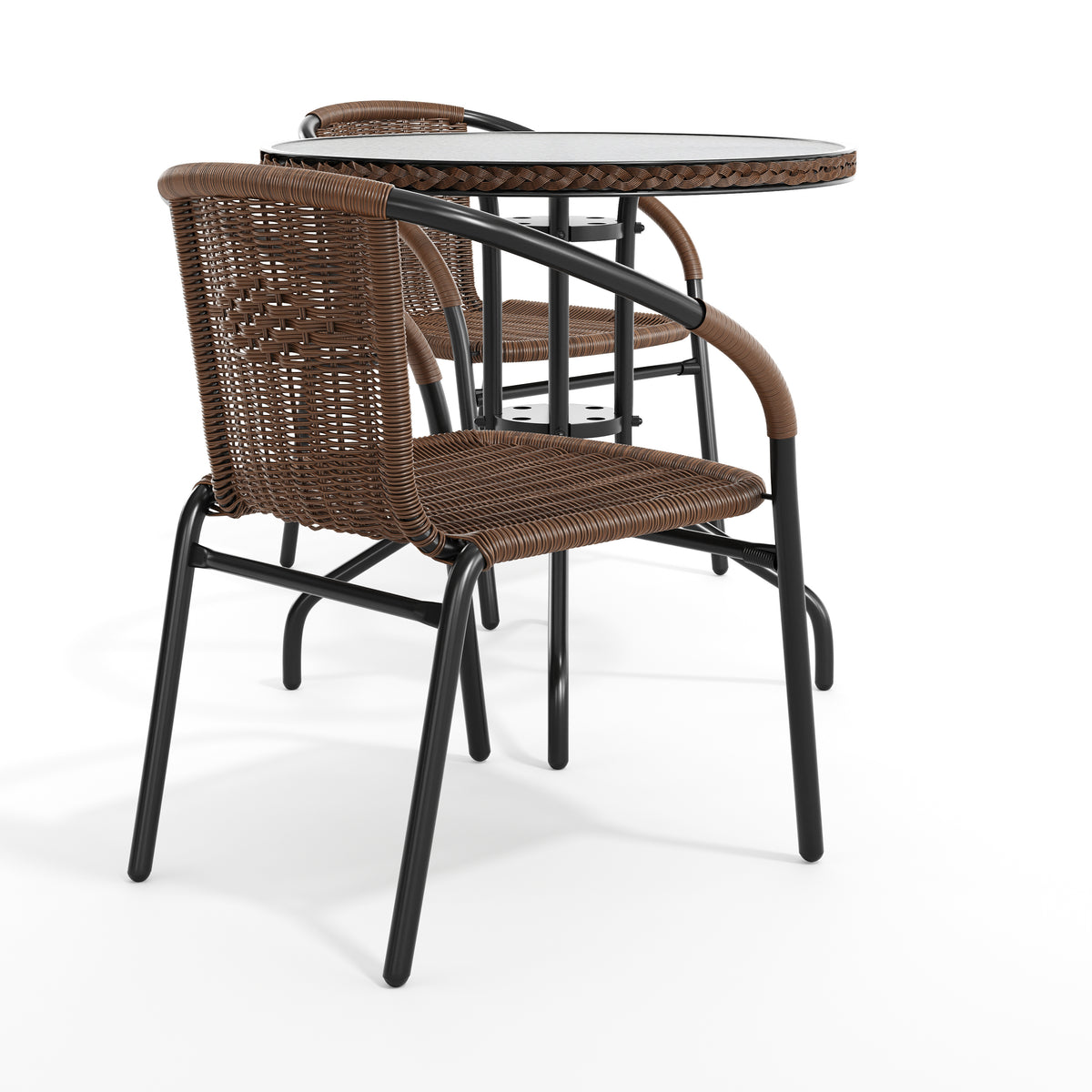 Barker 28'' Round Glass Metal Table with Rattan Edging and 2 Rattan Stack Chairs