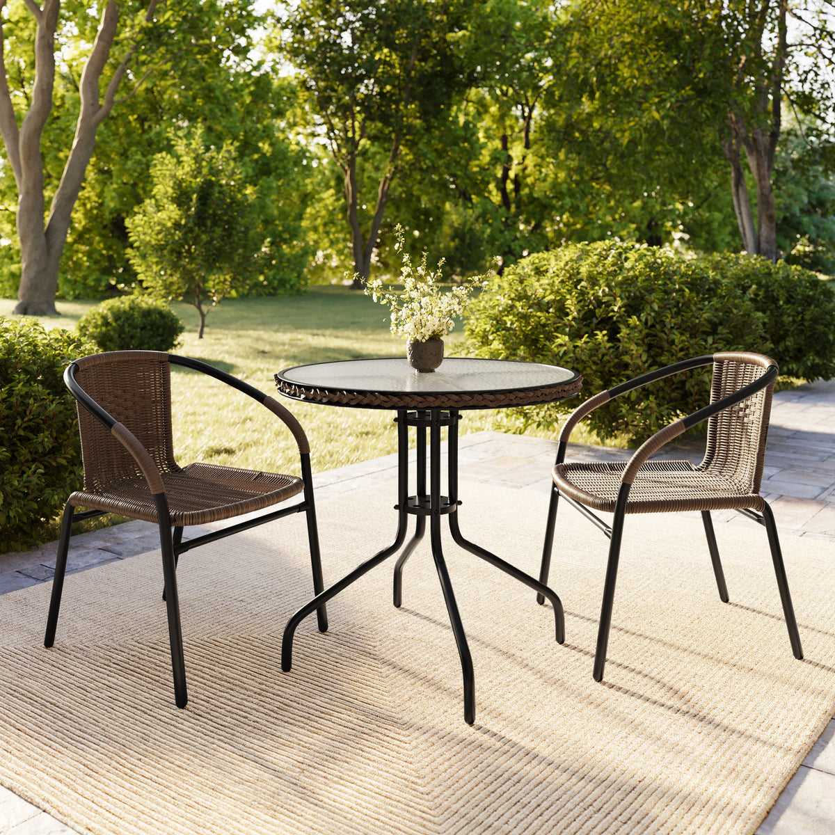 Barker 28'' Round Glass Metal Table with Rattan Edging and 2 Rattan Stack Chairs