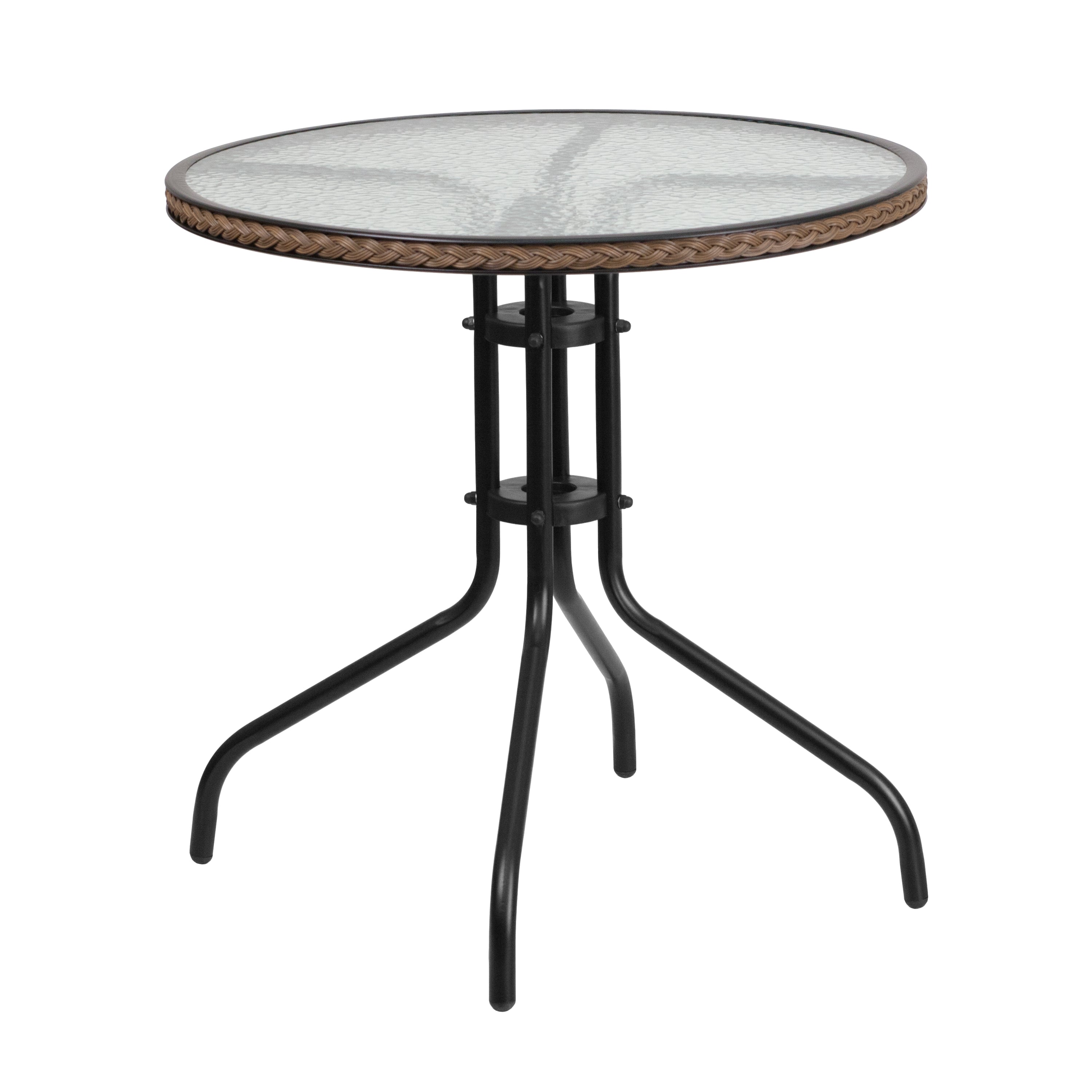 Barker 28'' Round Glass Metal Table with Rattan Edging and 2 Rattan Stack Chairs-Indoor/Outdoor Dining Sets-Flash Furniture-Wall2Wall Furnishings