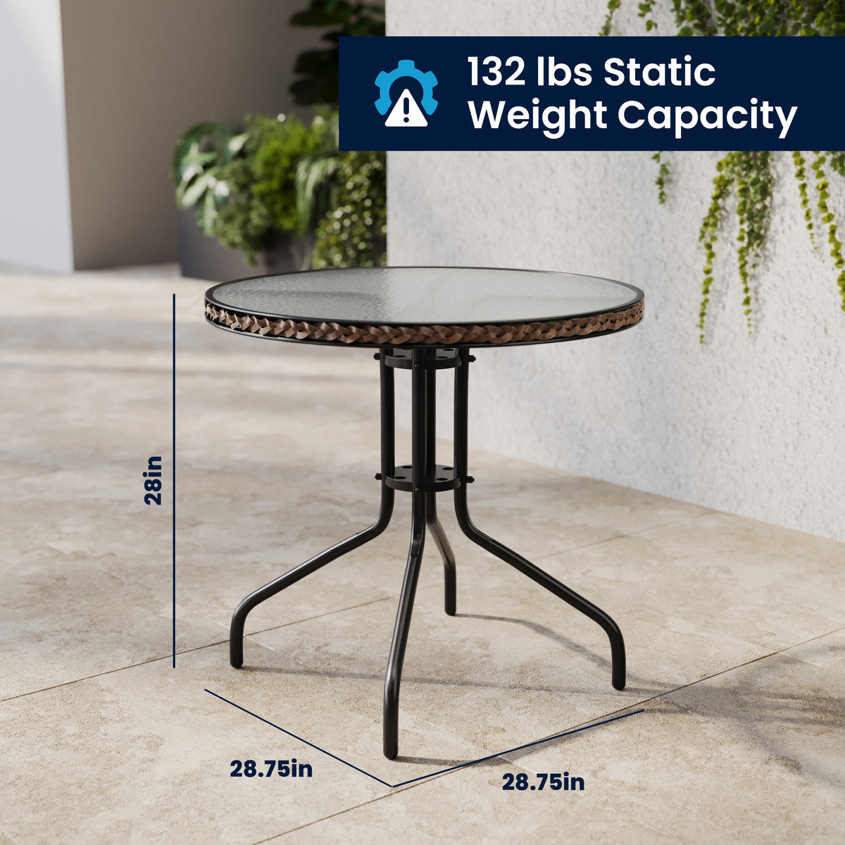 Barker 28'' Round Glass Metal Table with Rattan Edging and 4 Rattan Stack Chairs