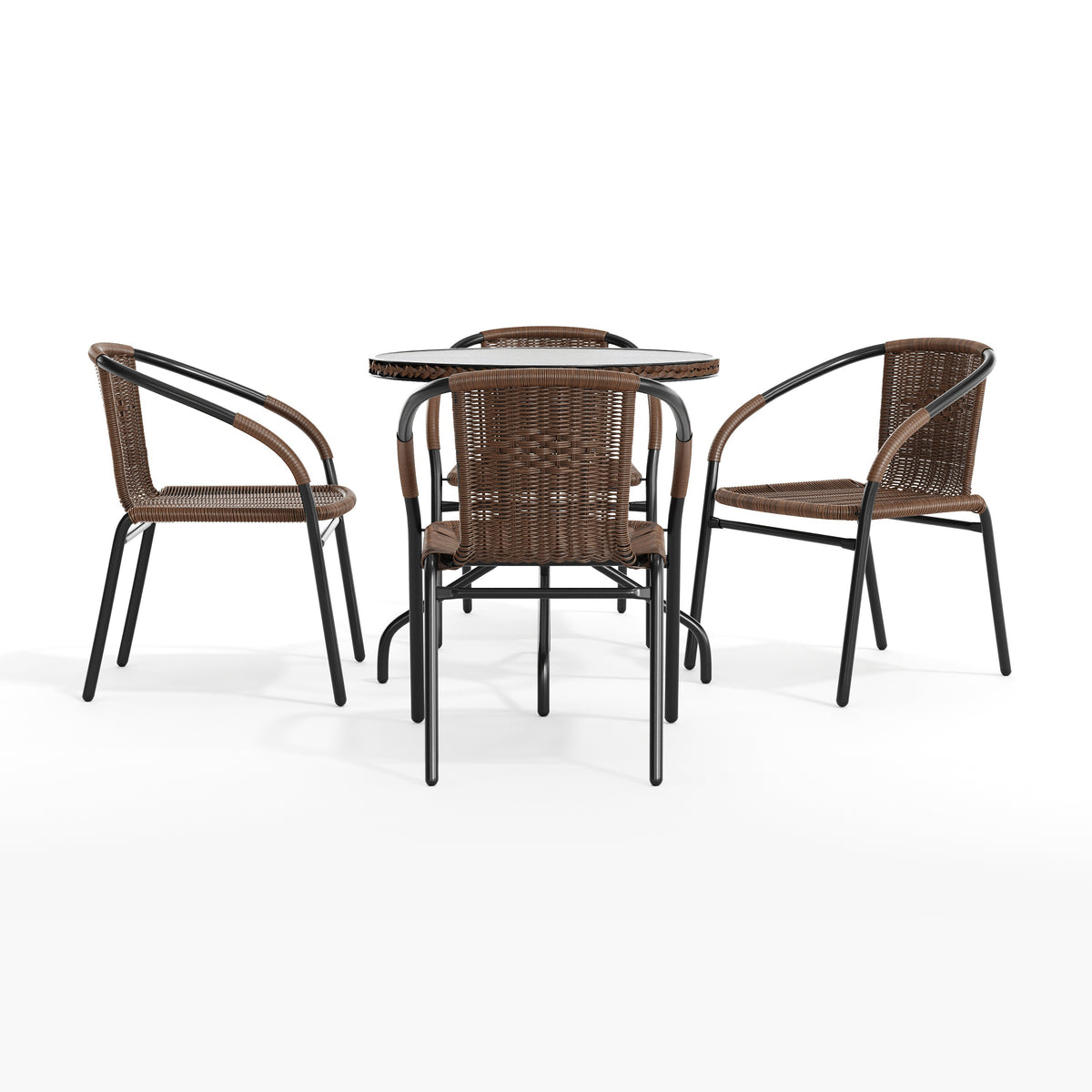 Barker 28'' Round Glass Metal Table with Rattan Edging and 4 Rattan Stack Chairs