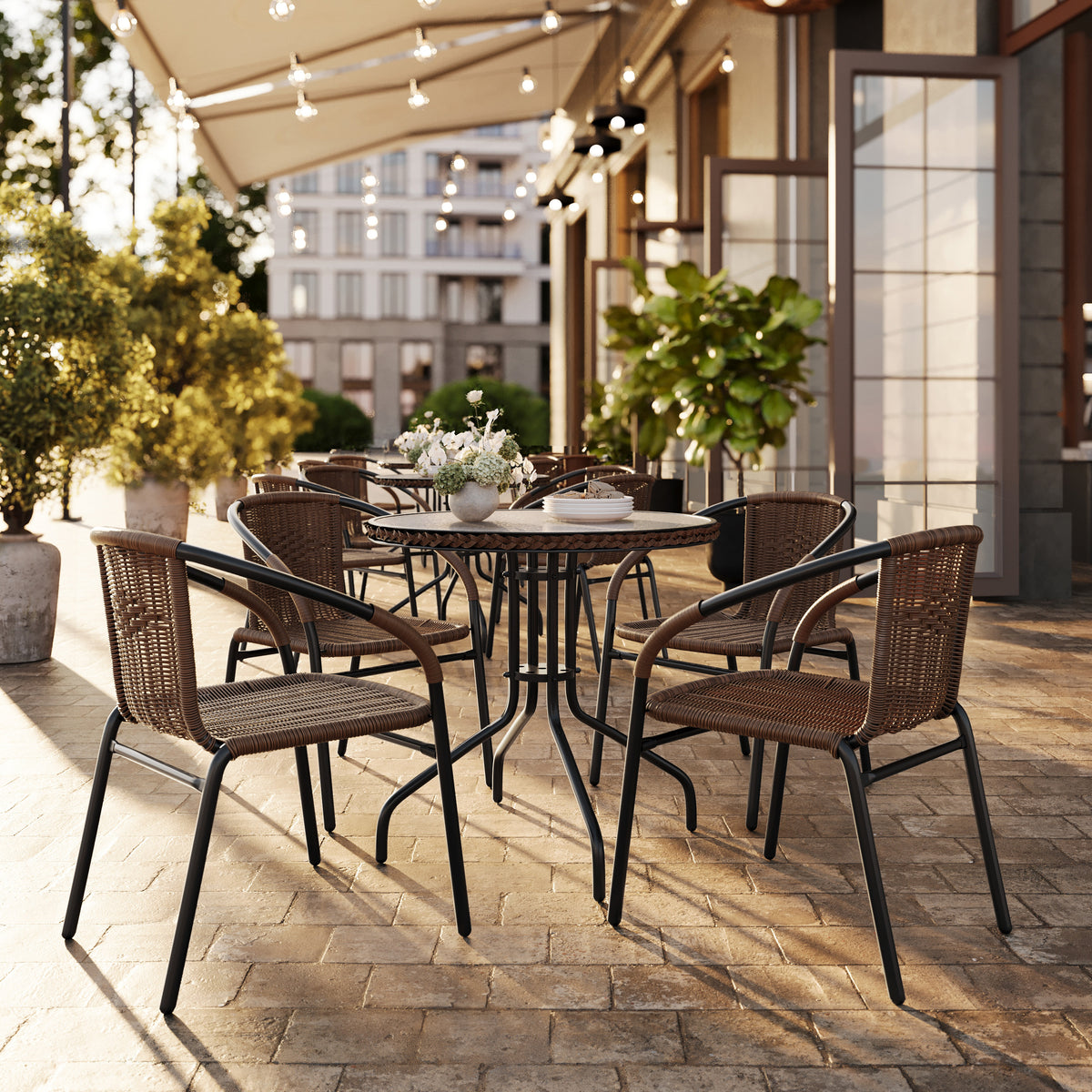 Barker 28'' Round Glass Metal Table with Rattan Edging and 4 Rattan Stack Chairs