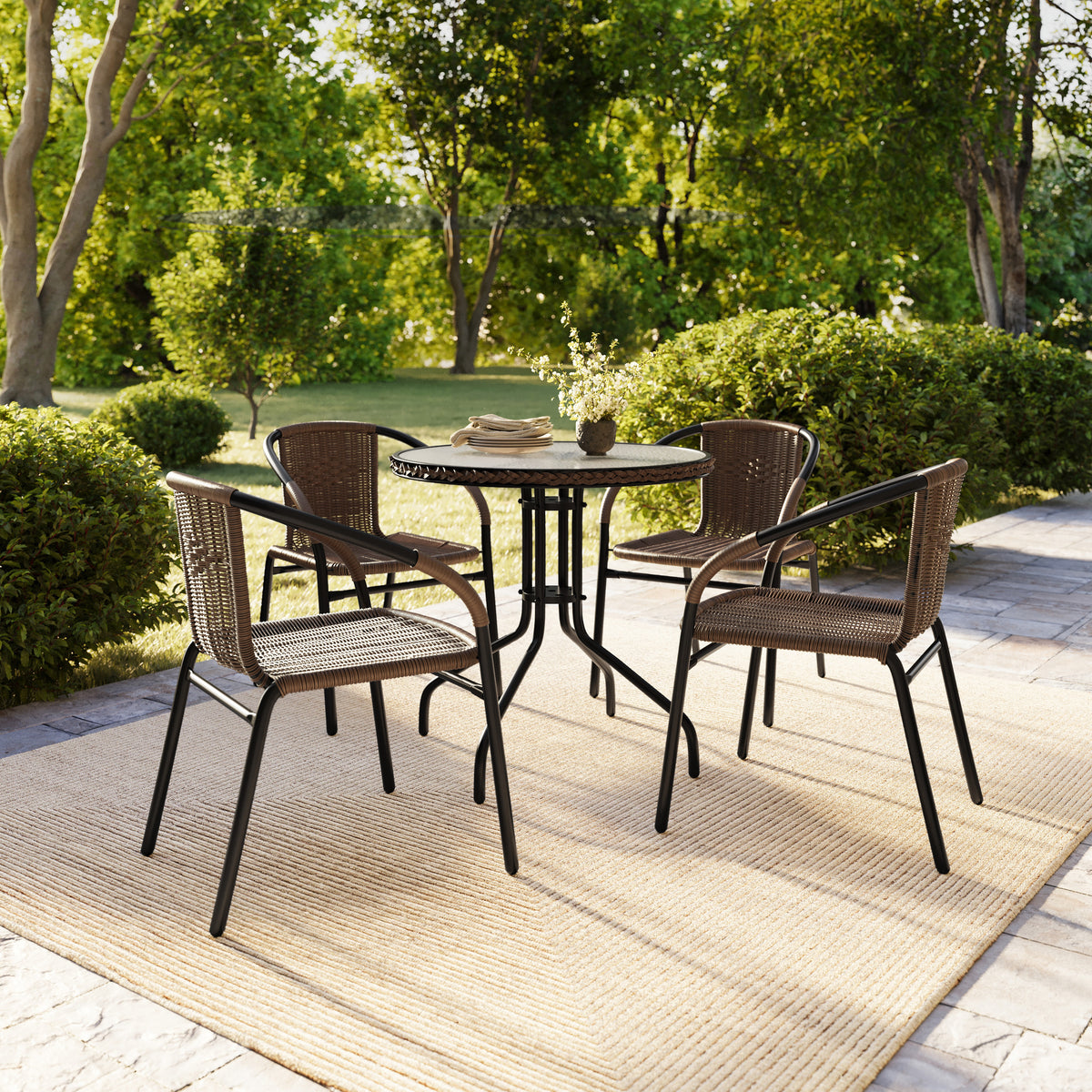 Barker 28'' Round Glass Metal Table with Rattan Edging and 4 Rattan Stack Chairs