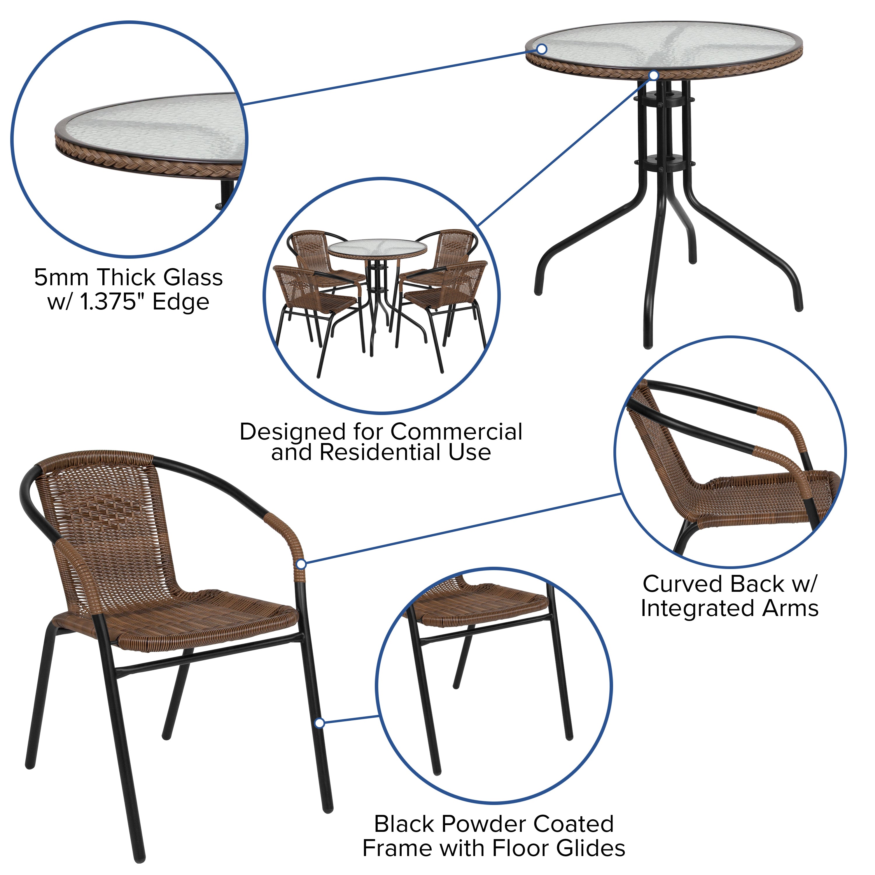 Barker 28'' Round Glass Metal Table with Rattan Edging and 4 Rattan Stack Chairs-Indoor/Outdoor Dining Sets-Flash Furniture-Wall2Wall Furnishings