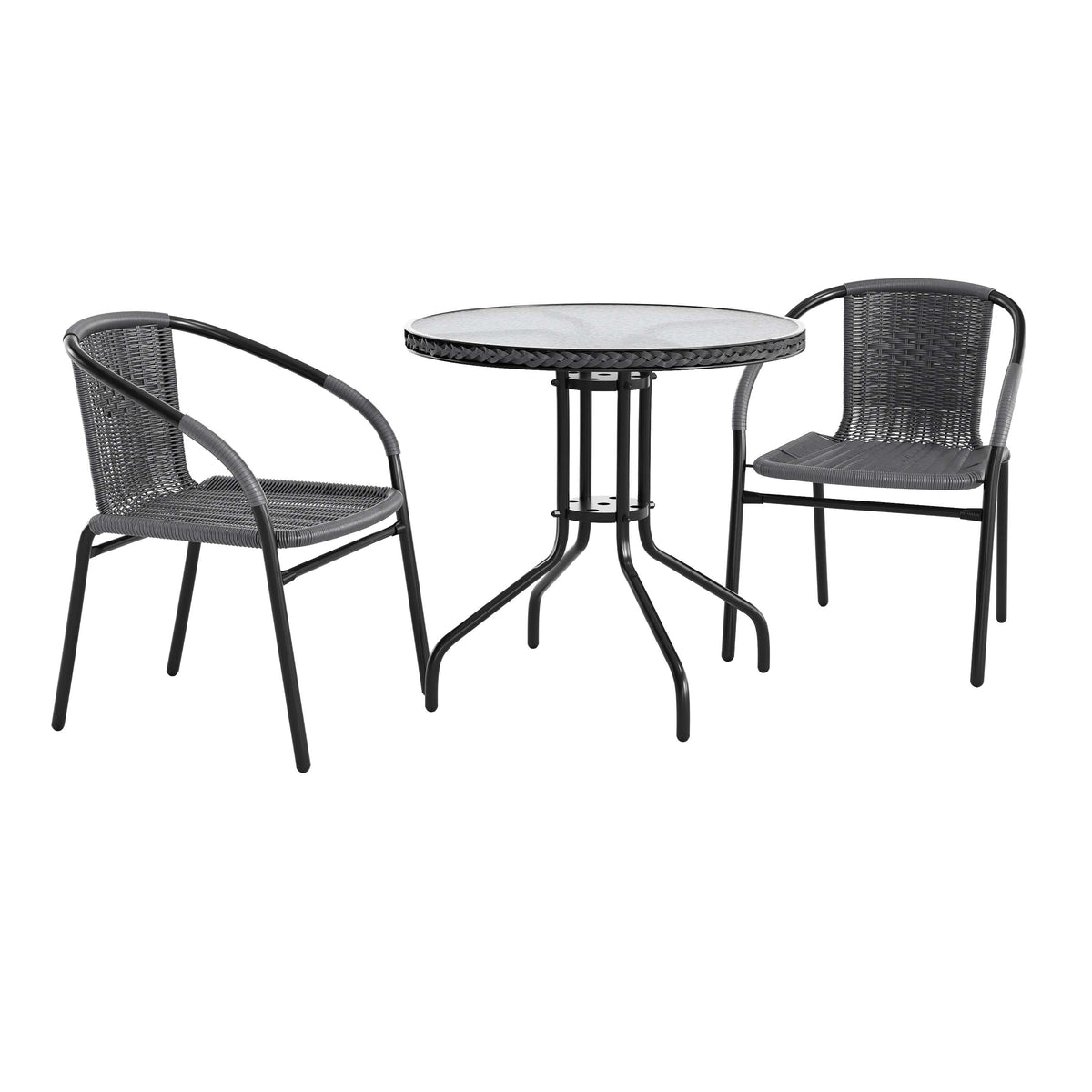 Barker 28'' Round Glass Metal Table with Rattan Edging and 2 Rattan Stack Chairs