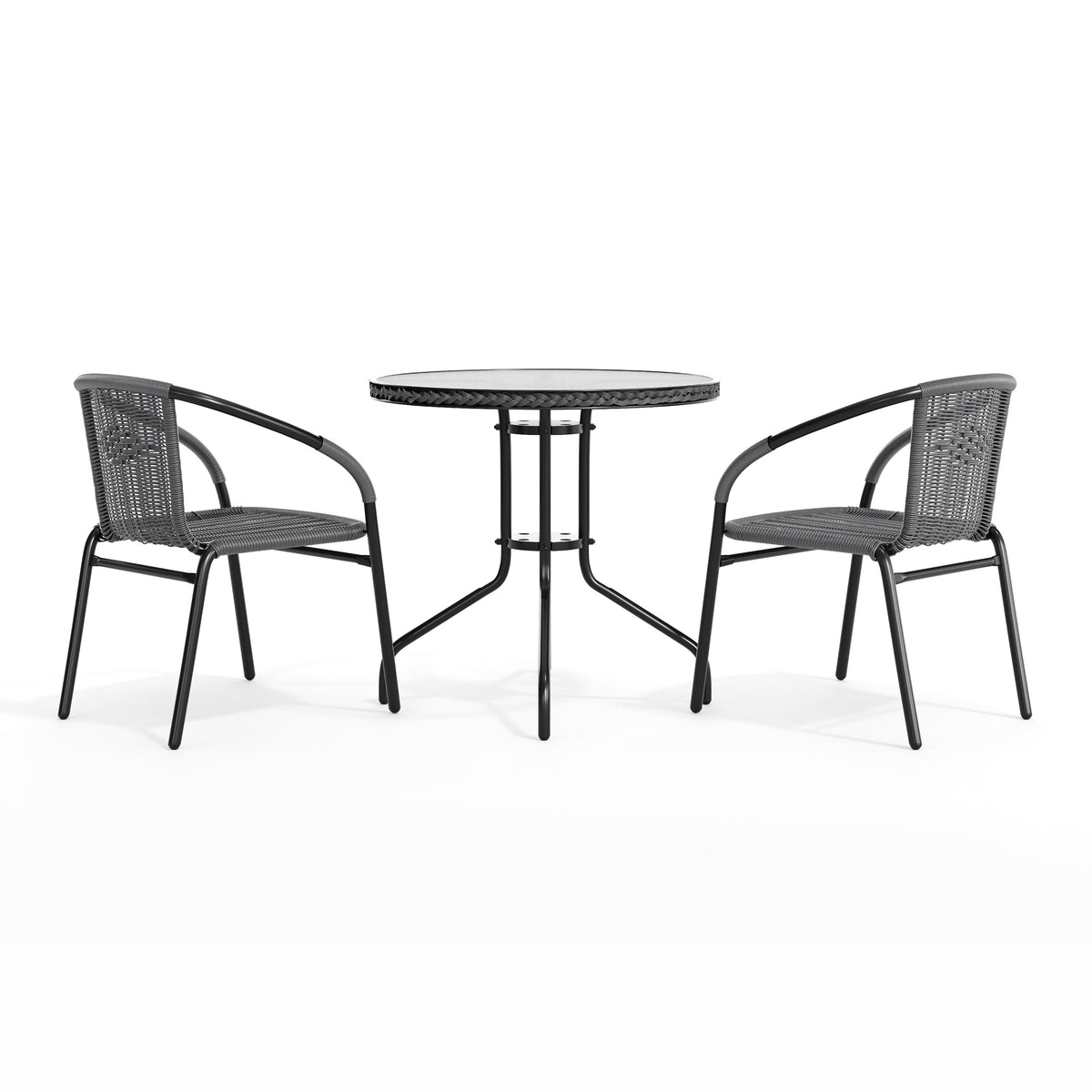 Barker 28'' Round Glass Metal Table with Rattan Edging and 2 Rattan Stack Chairs