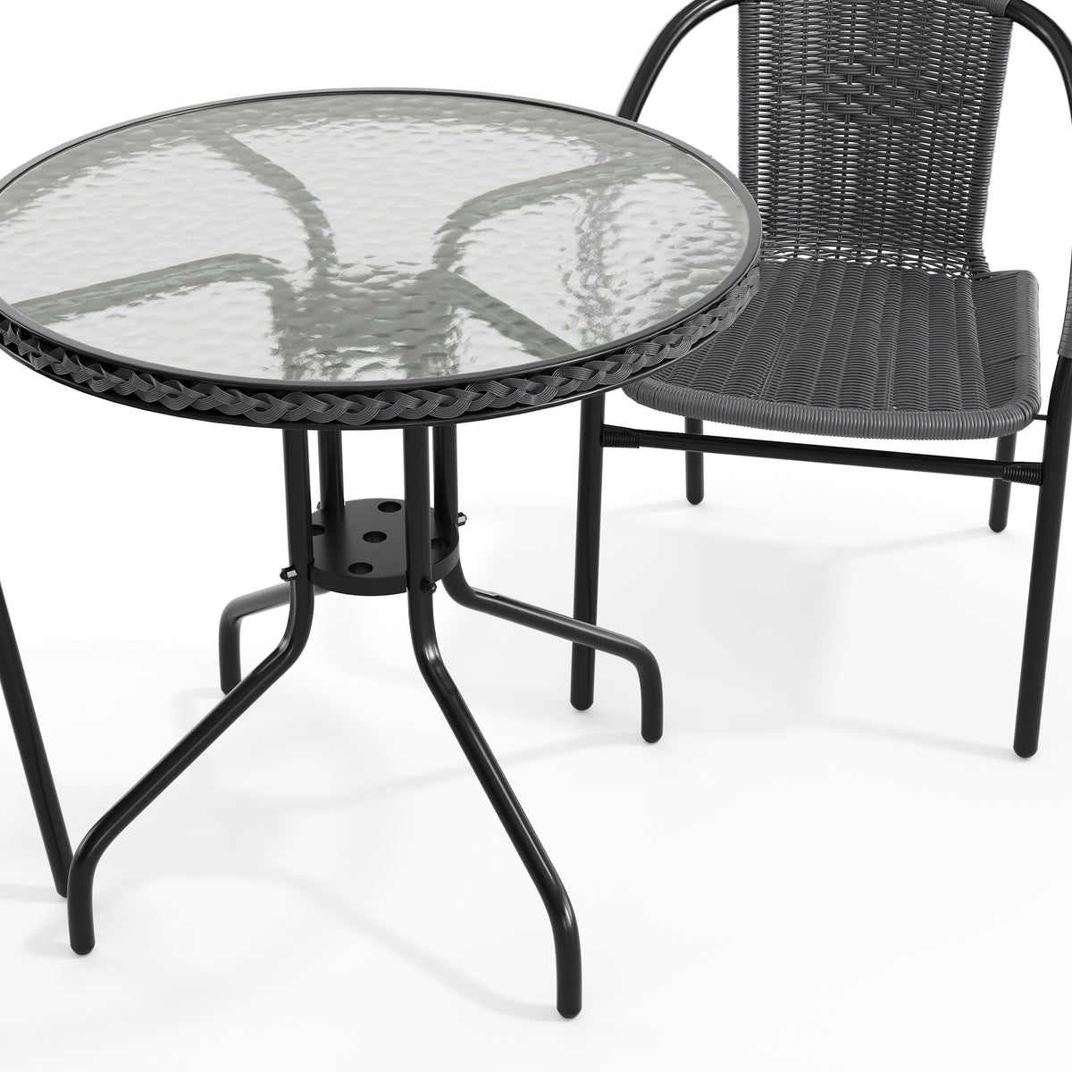 Barker 28'' Round Glass Metal Table with Rattan Edging and 2 Rattan Stack Chairs