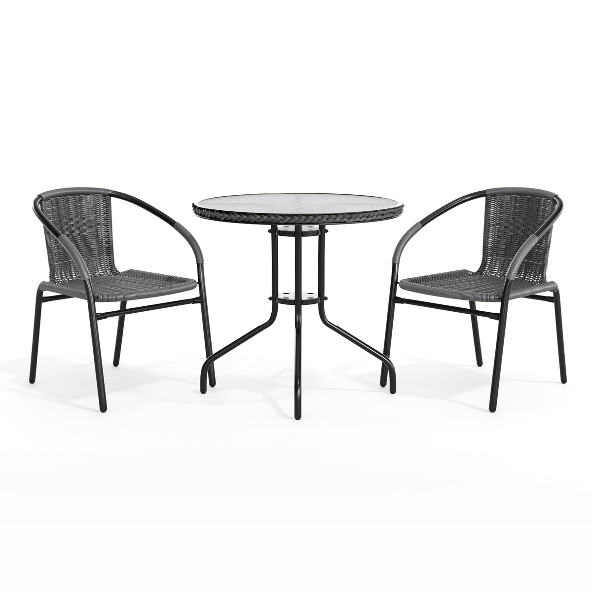 Barker 28'' Round Glass Metal Table with Rattan Edging and 2 Rattan Stack Chairs