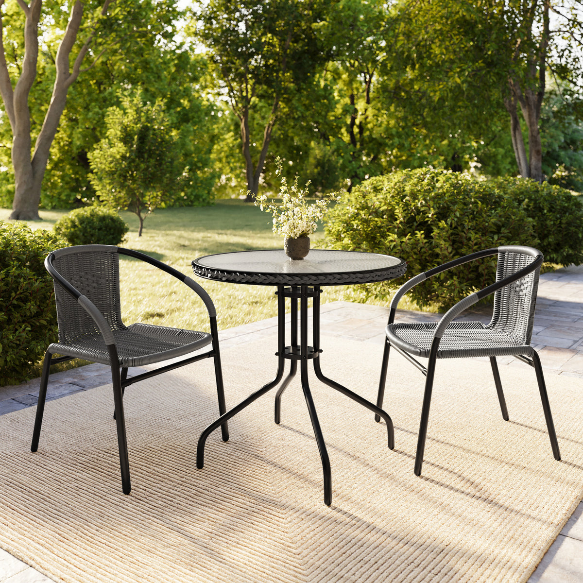Barker 28'' Round Glass Metal Table with Rattan Edging and 2 Rattan Stack Chairs