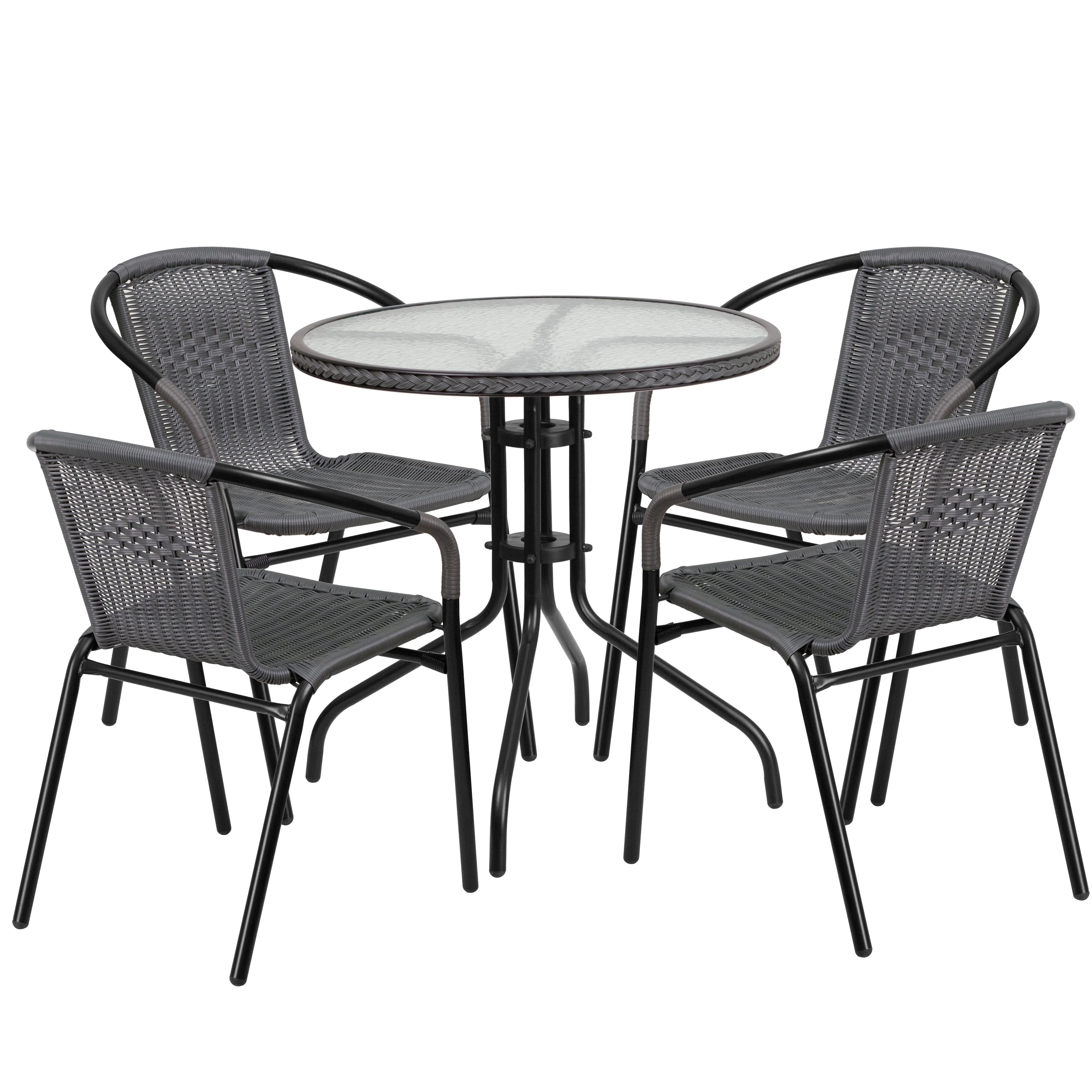 Barker 28'' Round Glass Metal Table with Rattan Edging and 4 Rattan Stack Chairs-Indoor/Outdoor Dining Sets-Flash Furniture-Wall2Wall Furnishings
