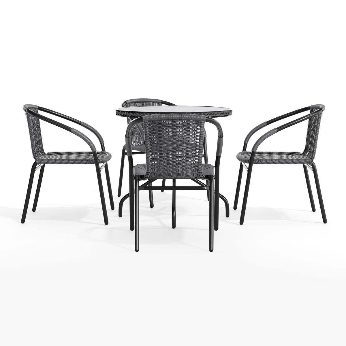 Barker 28'' Round Glass Metal Table with Rattan Edging and 4 Rattan Stack Chairs