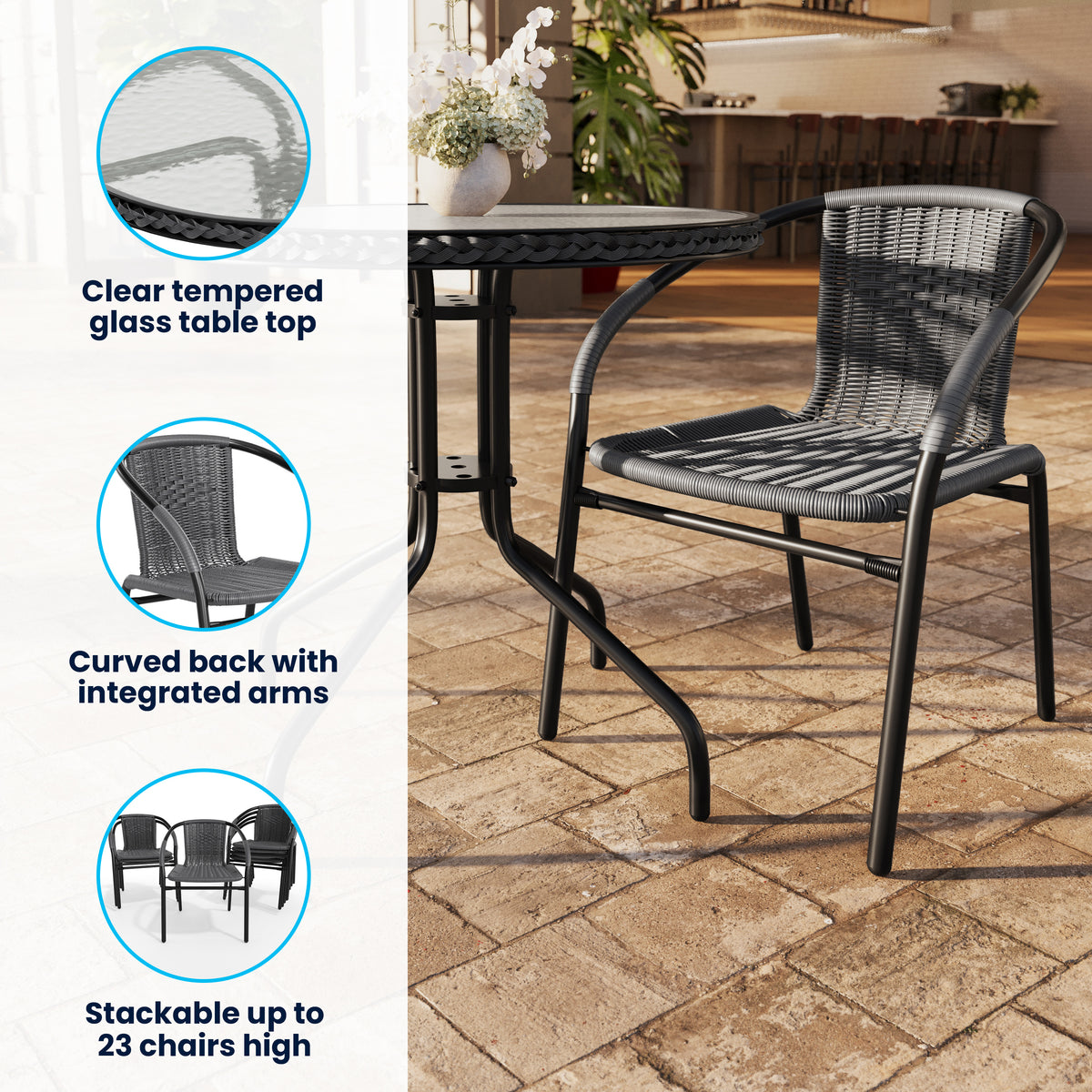 Barker 28'' Round Glass Metal Table with Rattan Edging and 4 Rattan Stack Chairs
