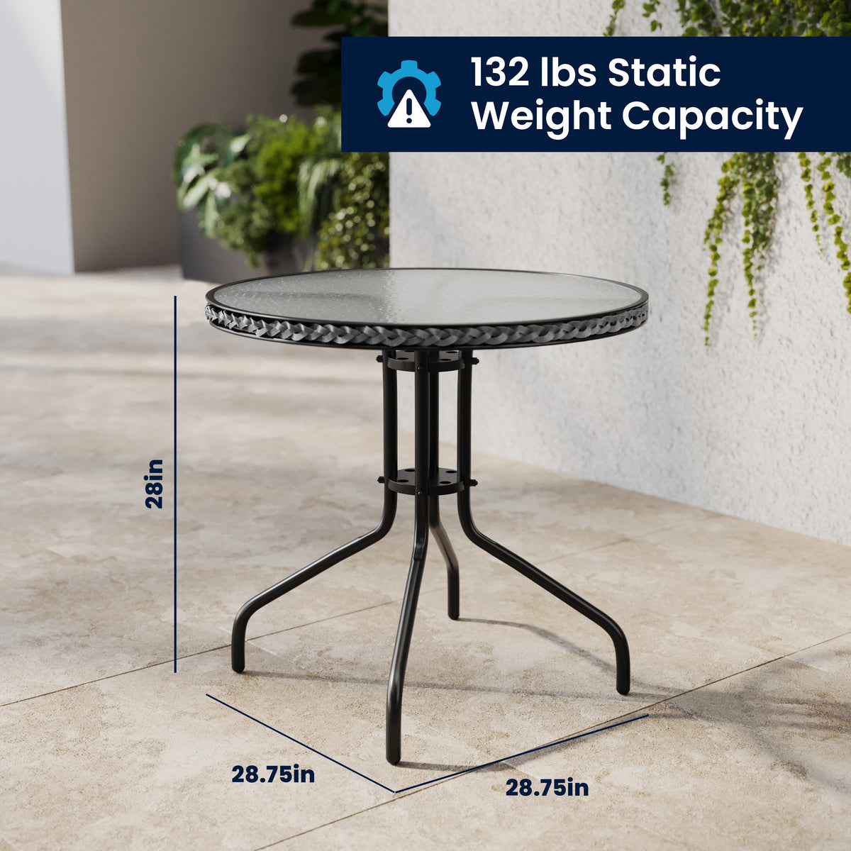 Barker 28'' Round Glass Metal Table with Rattan Edging and 4 Rattan Stack Chairs