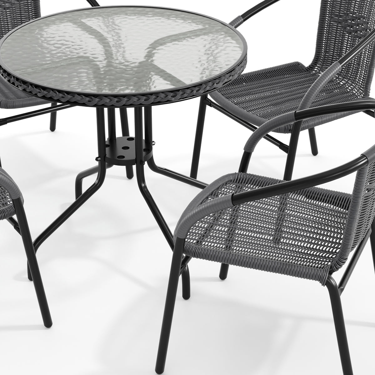 Barker 28'' Round Glass Metal Table with Rattan Edging and 4 Rattan Stack Chairs