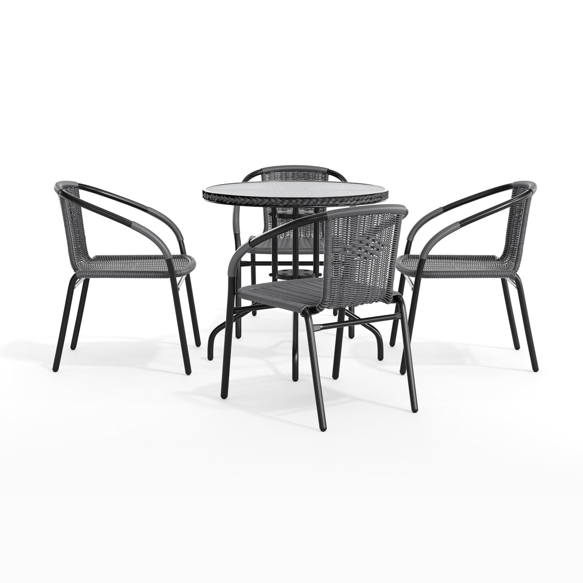 Barker 28'' Round Glass Metal Table with Rattan Edging and 4 Rattan Stack Chairs