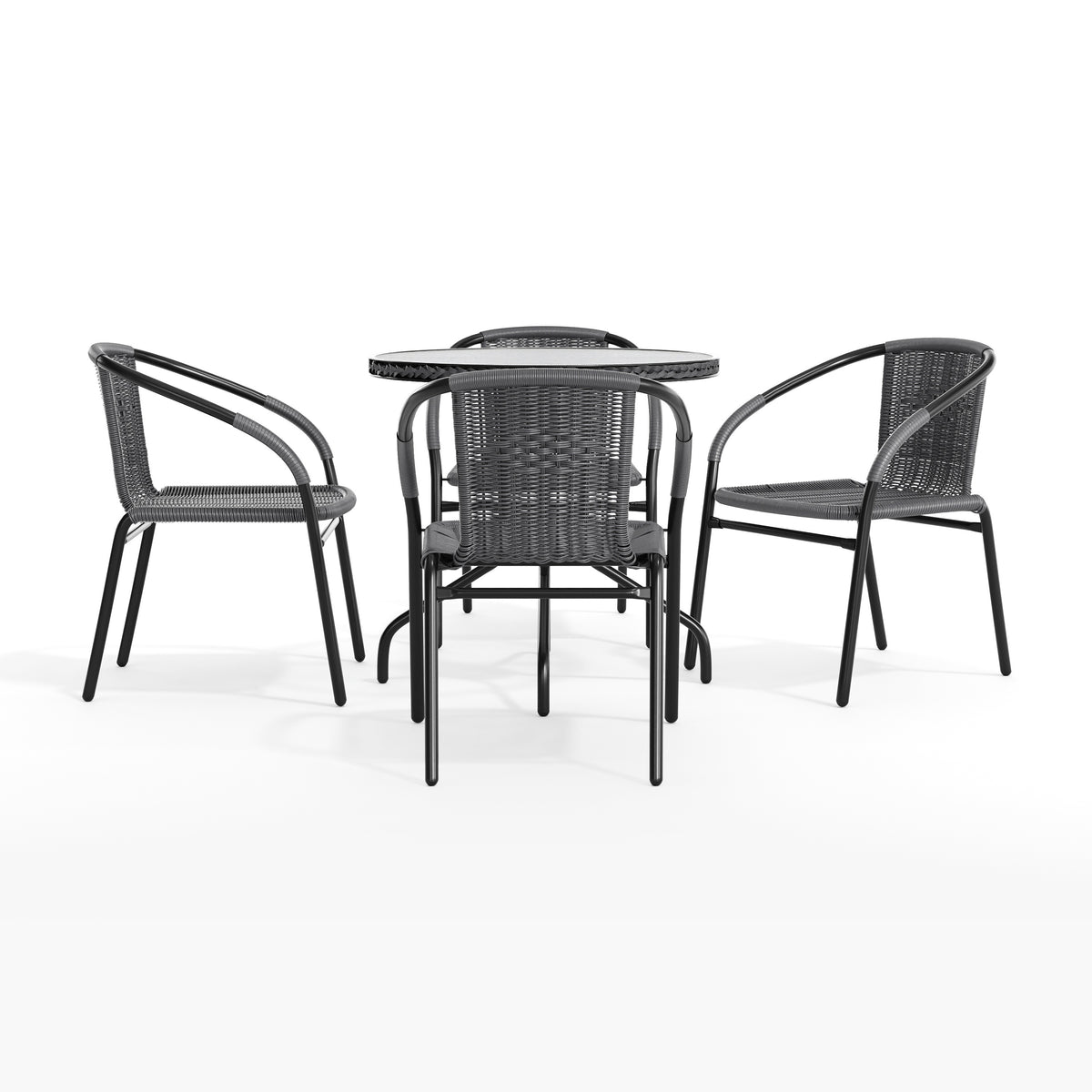 Barker 28'' Round Glass Metal Table with Rattan Edging and 4 Rattan Stack Chairs