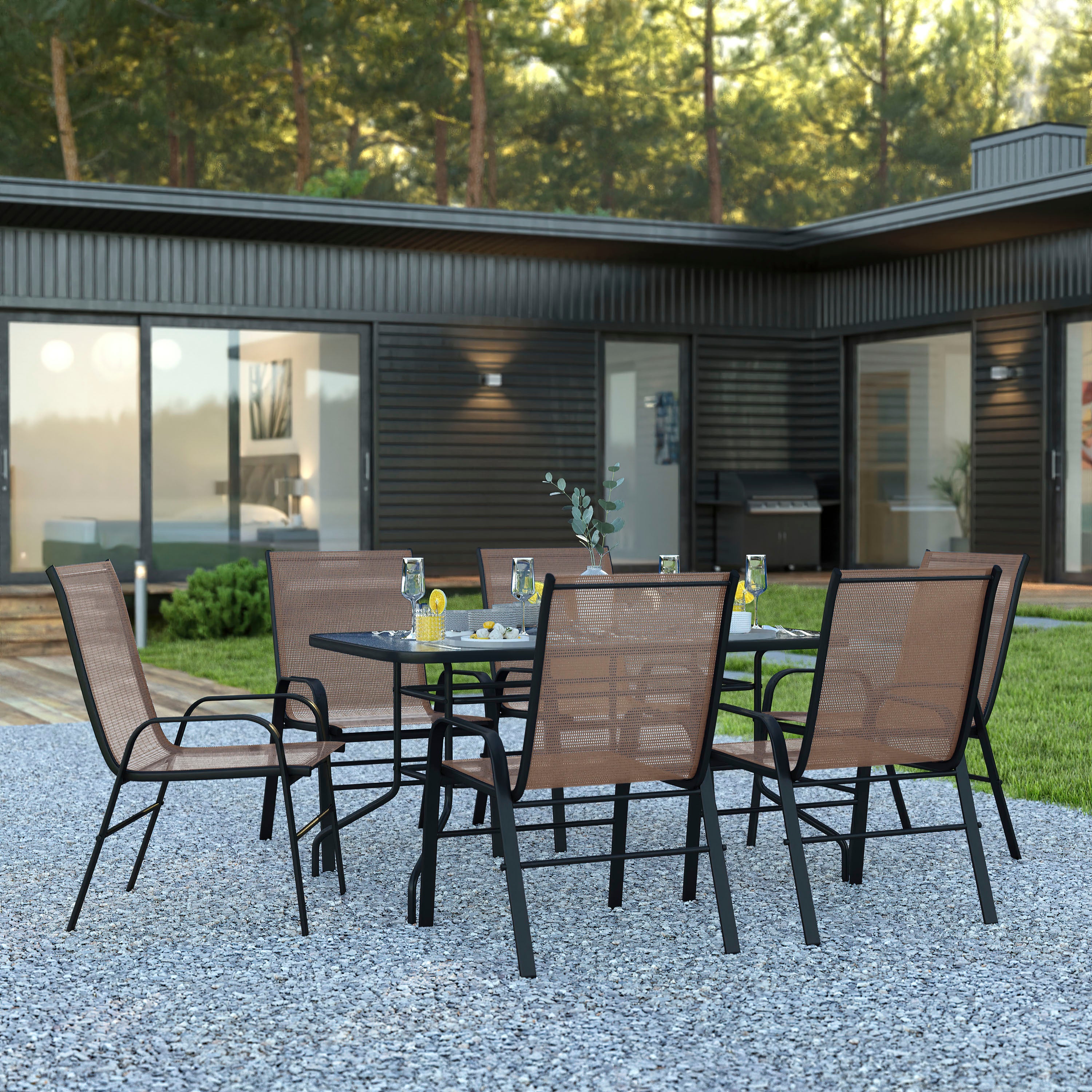 Brazos 7 Piece Outdoor Patio Dining Set - Tempered Glass Patio Table, 6 Flex Comfort Stack Chairs-Glass Patio Table and Chair Set-Flash Furniture-Wall2Wall Furnishings