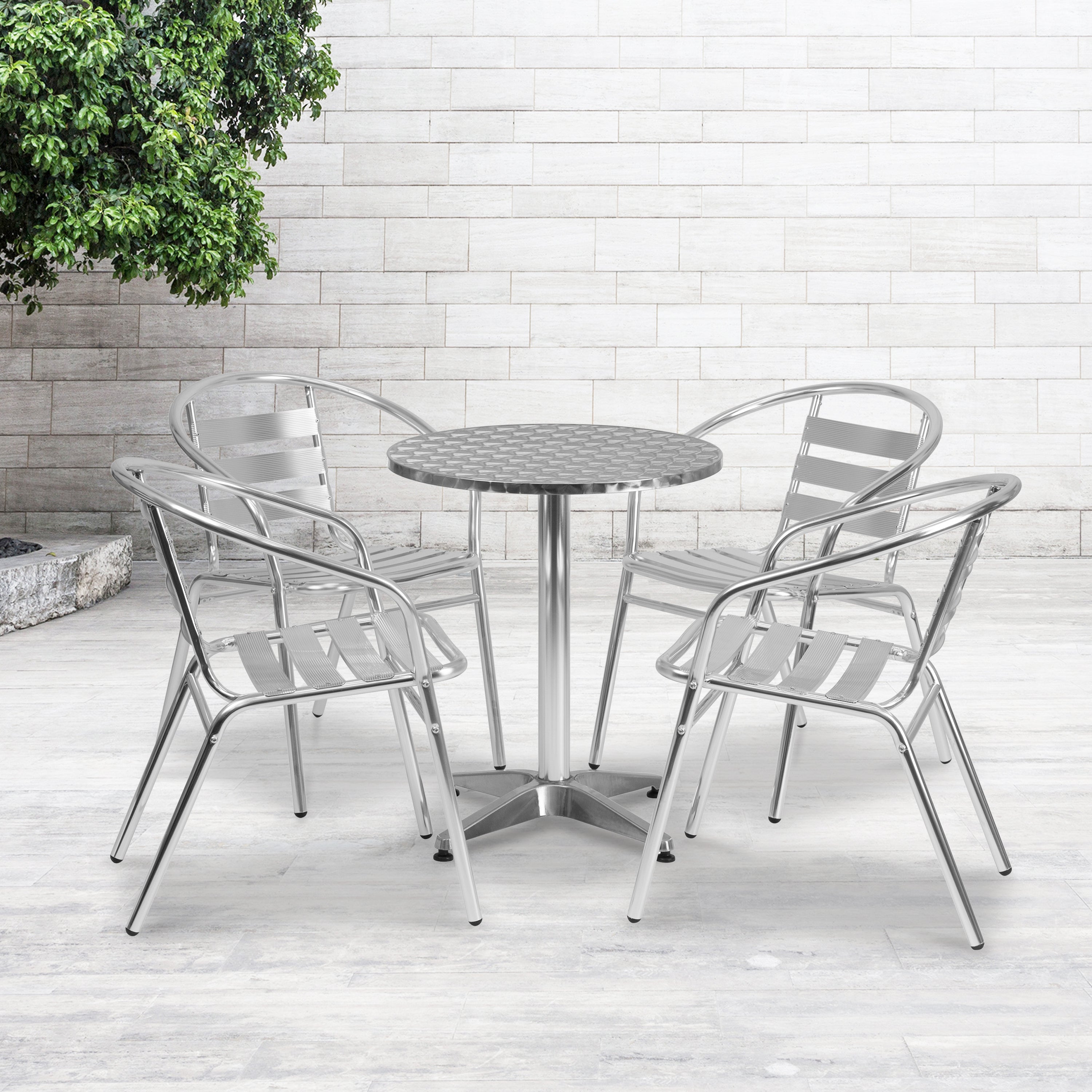 Lila 23.5'' Round Aluminum Indoor-Outdoor Table Set with 4 Slat Back Chairs-Indoor/Outdoor Dining Sets-Flash Furniture-Wall2Wall Furnishings