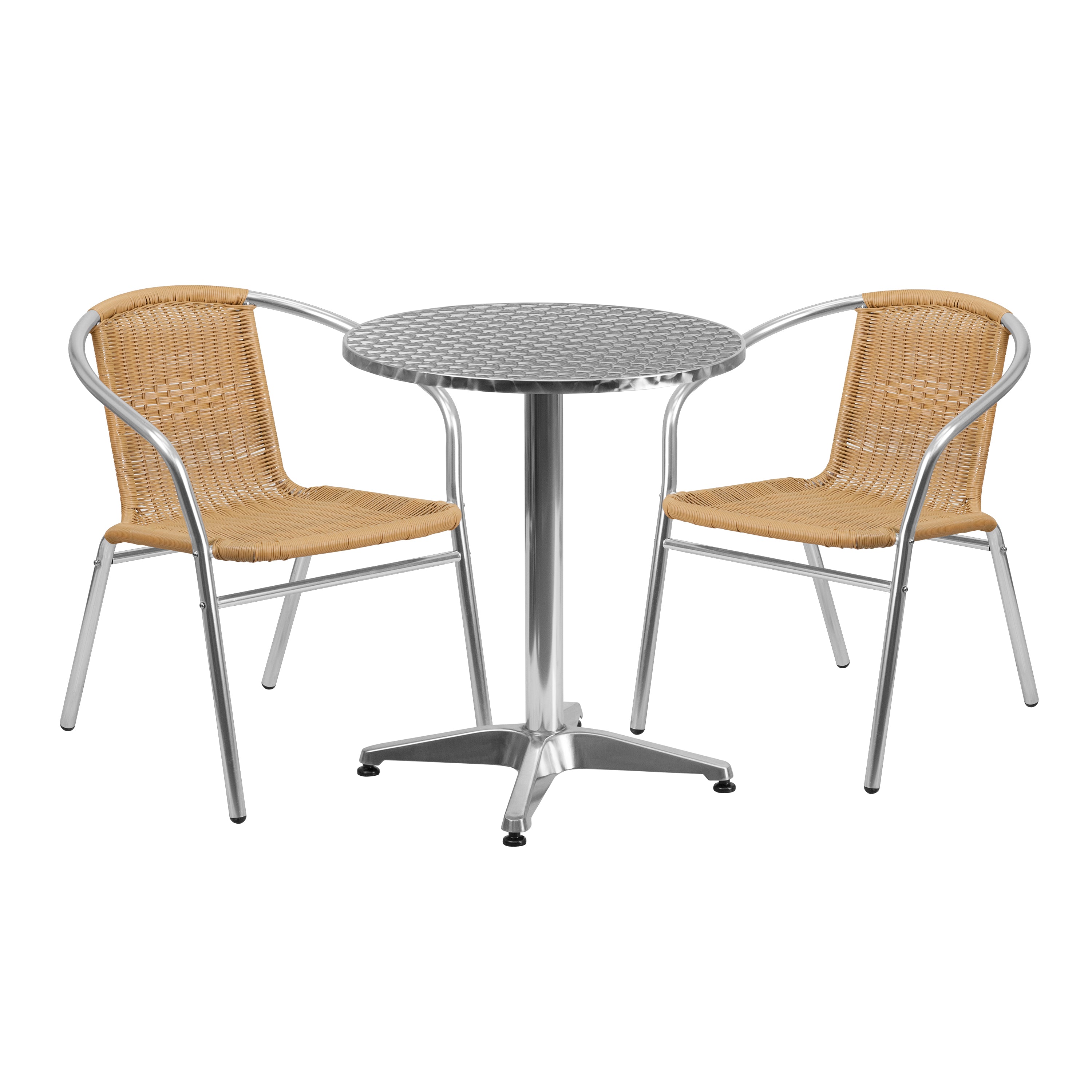 Lila 23.5'' Round Aluminum Indoor-Outdoor Table Set with 2 Rattan Chairs-Indoor/Outdoor Dining Sets-Flash Furniture-Wall2Wall Furnishings