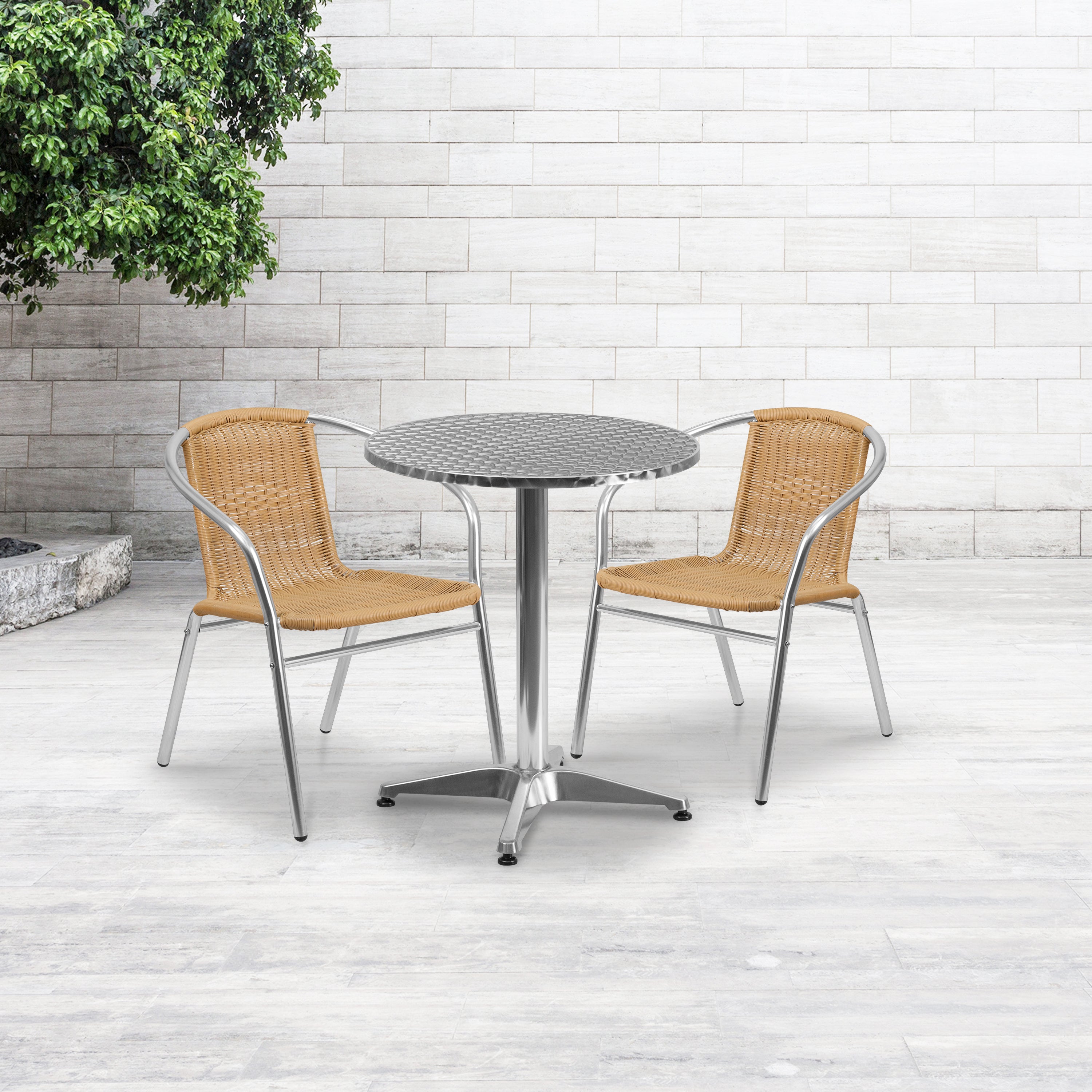 Lila 23.5'' Round Aluminum Indoor-Outdoor Table Set with 2 Rattan Chairs-Indoor/Outdoor Dining Sets-Flash Furniture-Wall2Wall Furnishings