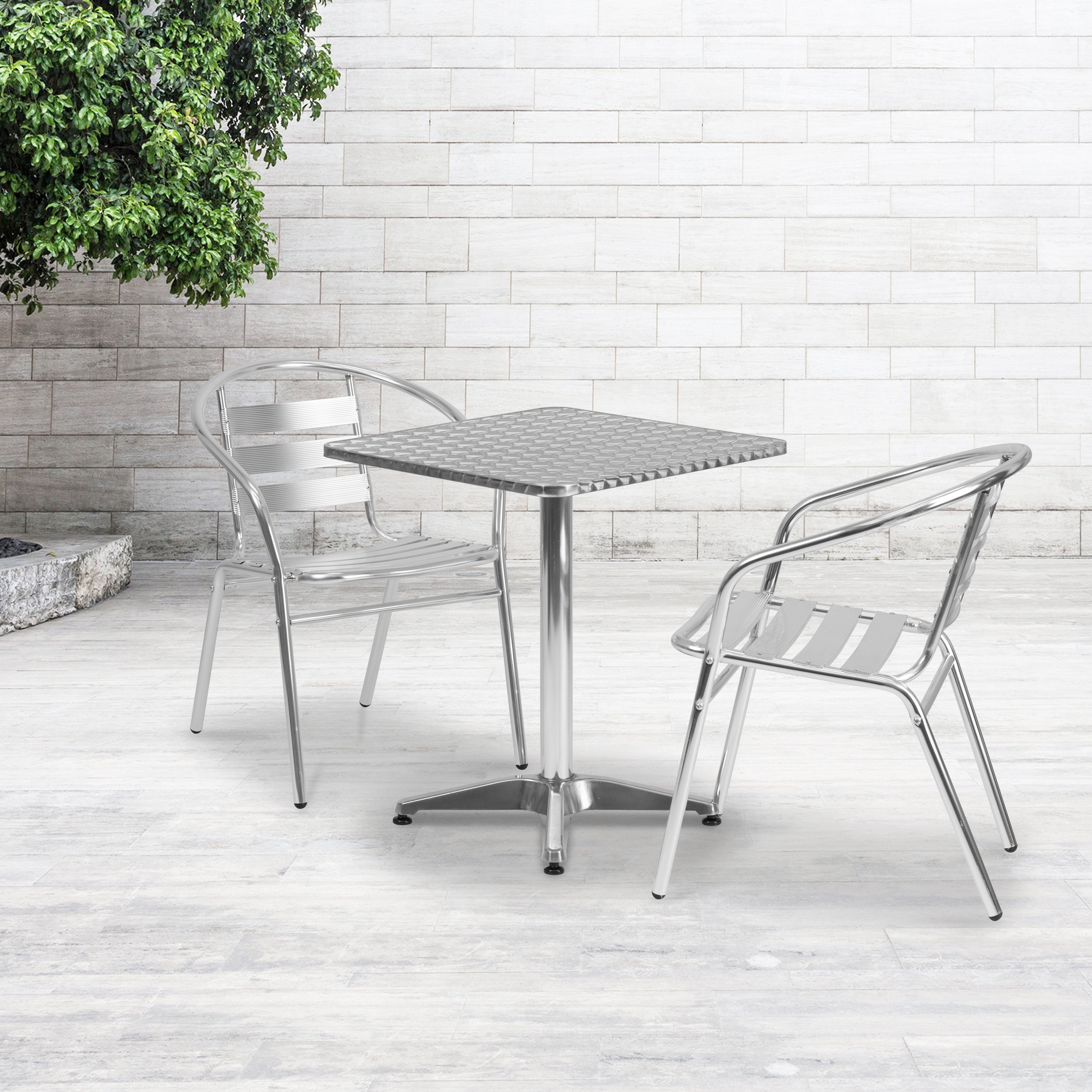 Lila 23.5'' Square Aluminum Indoor-Outdoor Table Set with 2 Slat Back Chairs-Indoor/Outdoor Dining Sets-Flash Furniture-Wall2Wall Furnishings