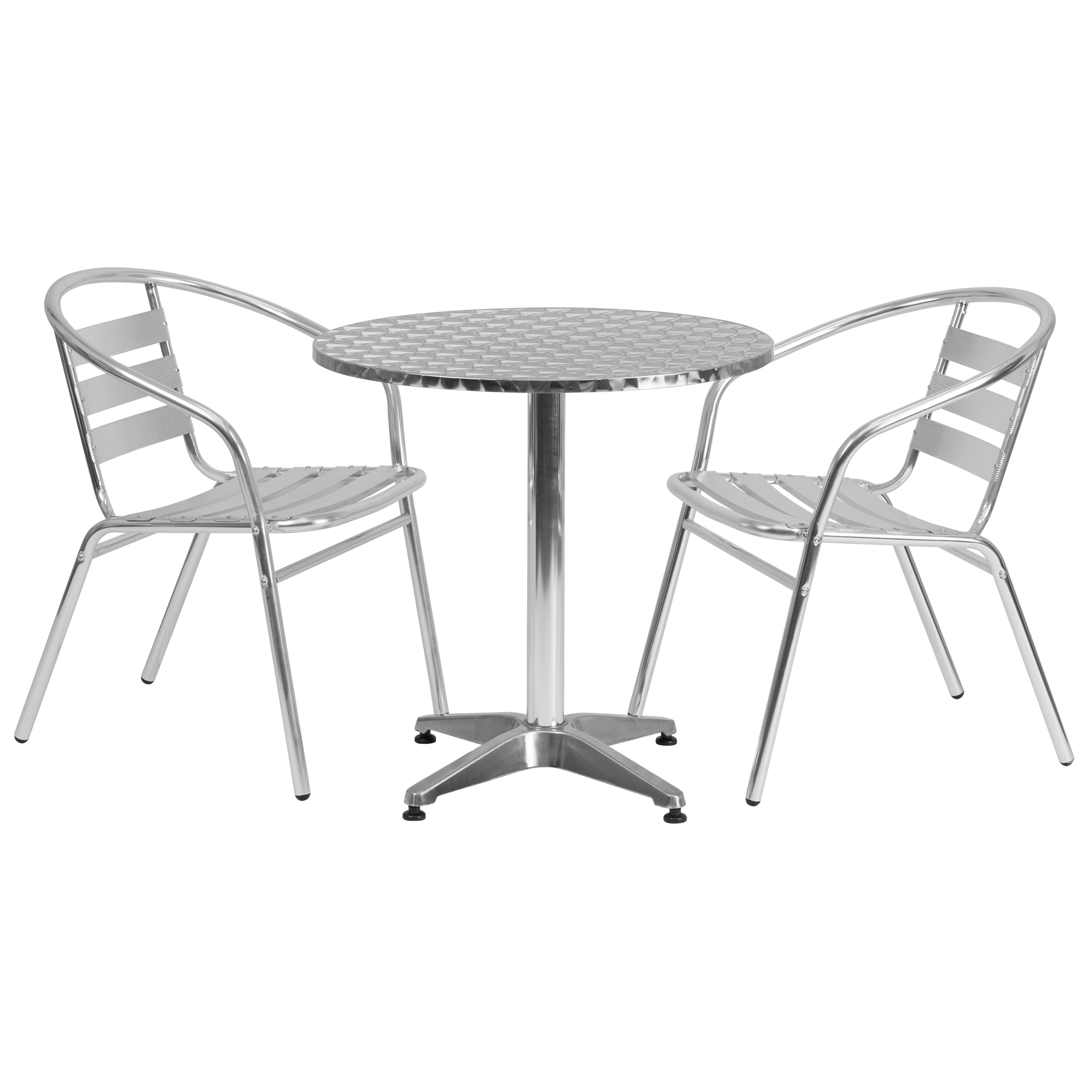Lila 27.5'' Round Aluminum Indoor-Outdoor Table Set with 2 Slat Back Chairs-Indoor/Outdoor Dining Sets-Flash Furniture-Wall2Wall Furnishings