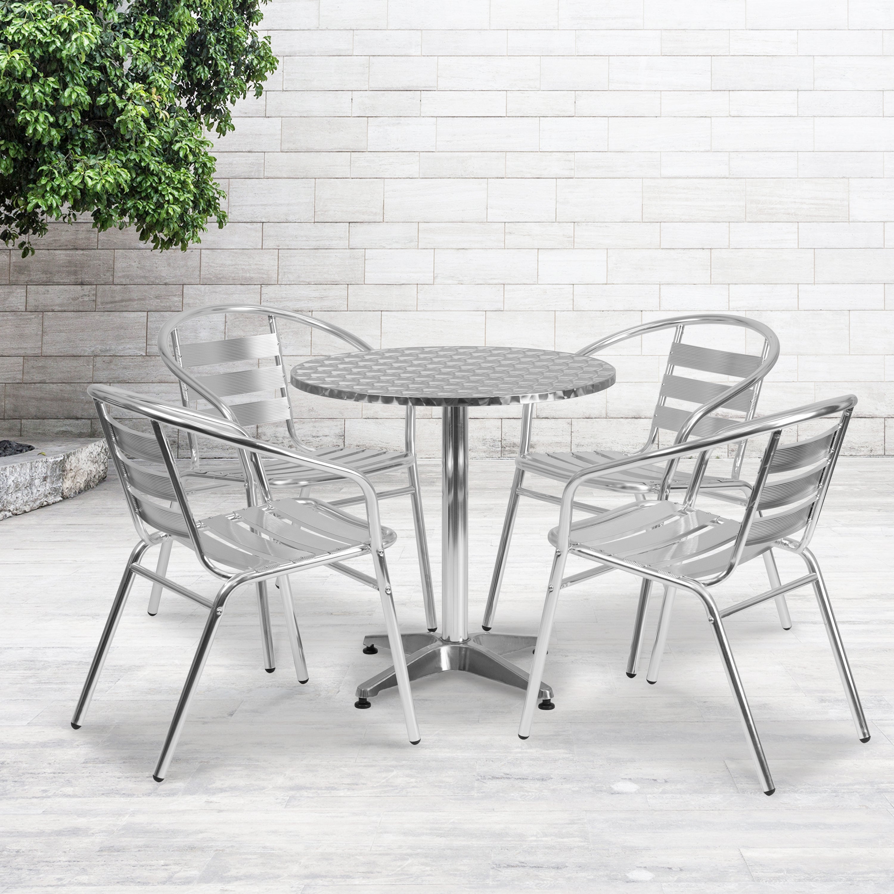 Lila 27.5'' Round Aluminum Indoor-Outdoor Table Set with 4 Slat Back Chairs-Indoor/Outdoor Dining Sets-Flash Furniture-Wall2Wall Furnishings