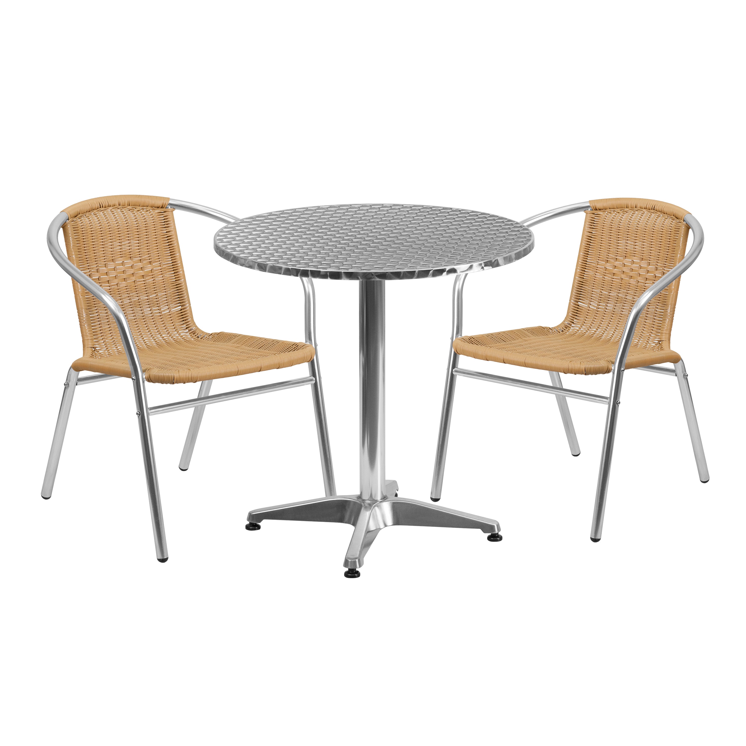 Lila 27.5'' Round Aluminum Indoor-Outdoor Table Set with 2 Rattan Chairs-Indoor/Outdoor Dining Sets-Flash Furniture-Wall2Wall Furnishings