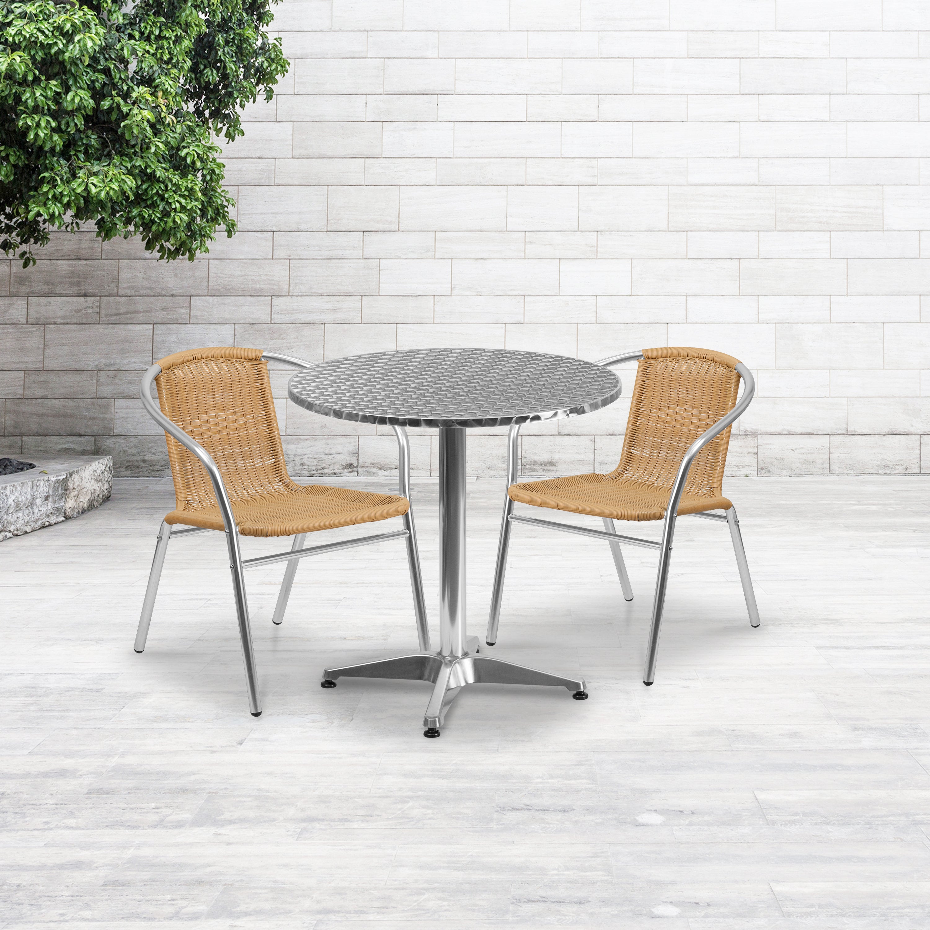 Lila 27.5'' Round Aluminum Indoor-Outdoor Table Set with 2 Rattan Chairs-Indoor/Outdoor Dining Sets-Flash Furniture-Wall2Wall Furnishings