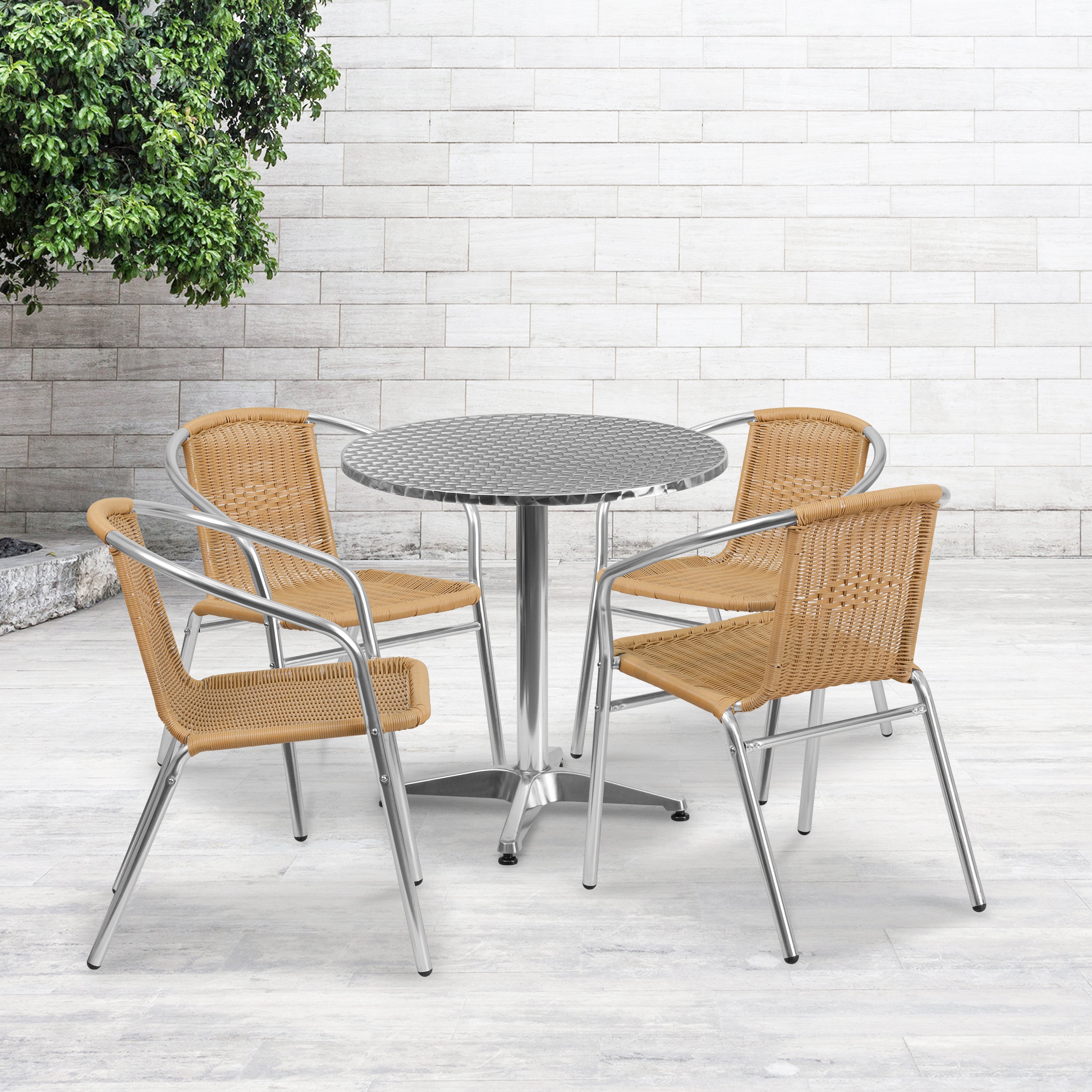 Lila 27.5'' Round Aluminum Indoor-Outdoor Table Set with 4 Rattan Chairs-Indoor/Outdoor Dining Sets-Flash Furniture-Wall2Wall Furnishings