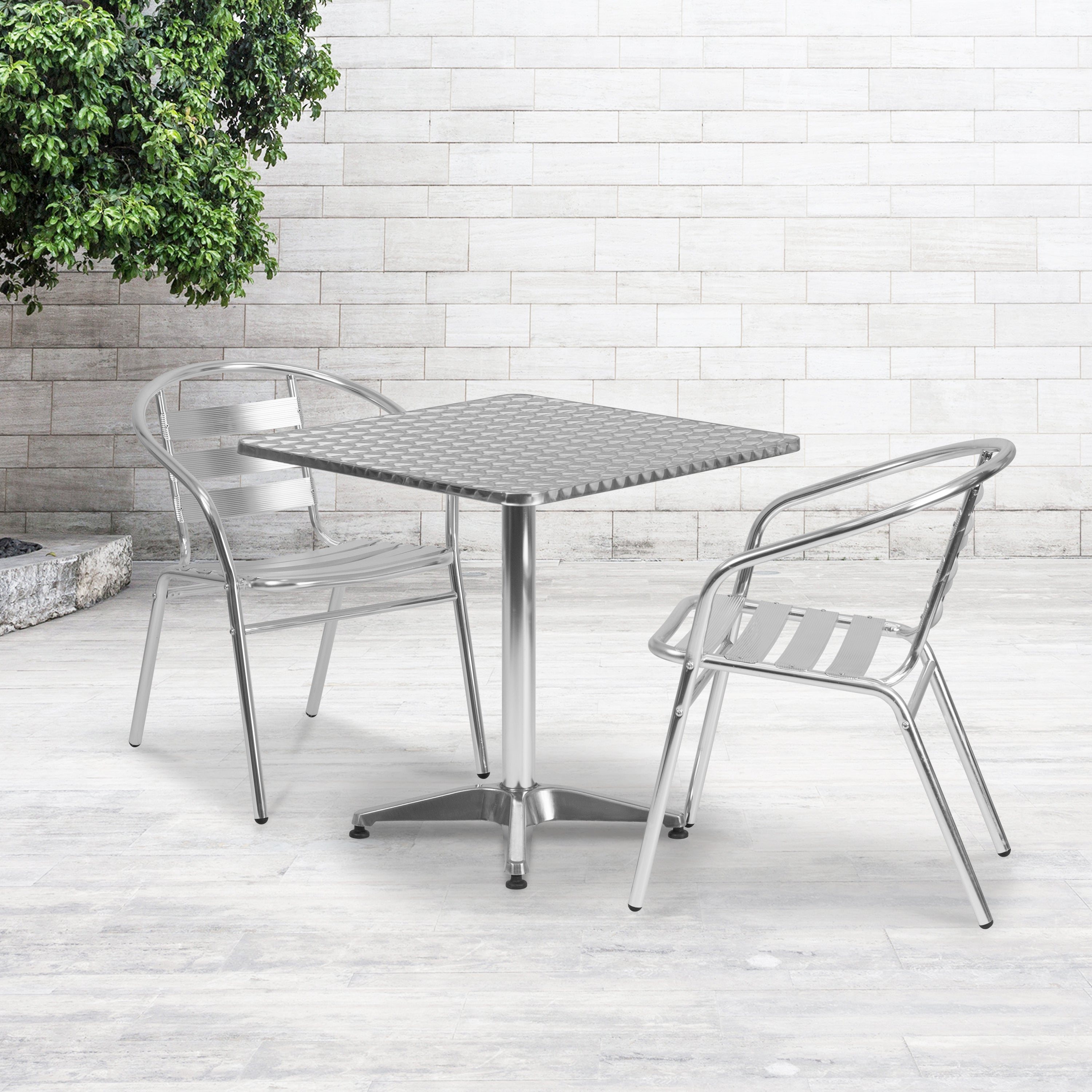 Lila 27.5'' Square Aluminum Indoor-Outdoor Table Set with 2 Slat Back Chairs-Indoor/Outdoor Dining Sets-Flash Furniture-Wall2Wall Furnishings