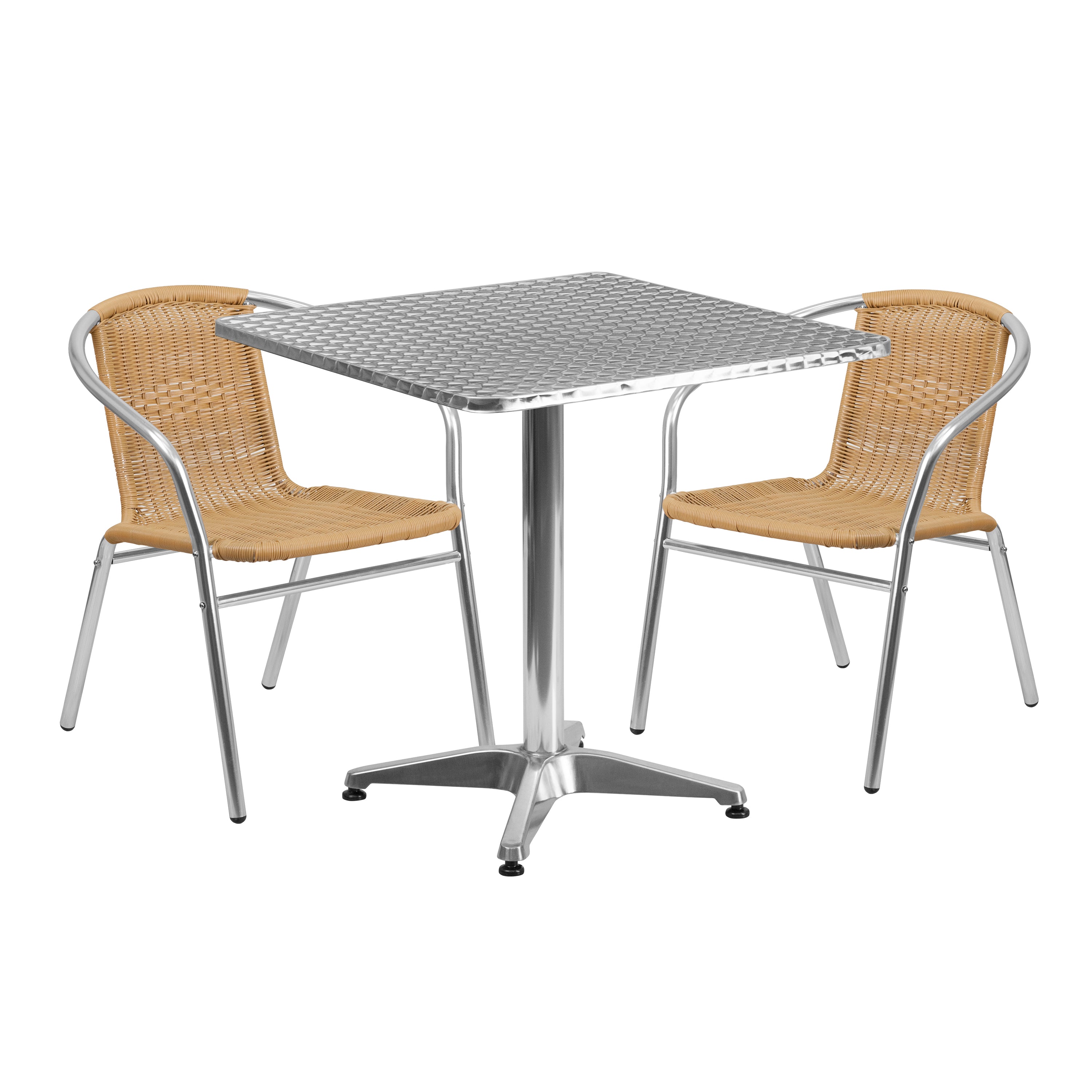 Lila 27.5'' Square Aluminum Indoor-Outdoor Table Set with 2 Rattan Chairs-Indoor/Outdoor Dining Sets-Flash Furniture-Wall2Wall Furnishings