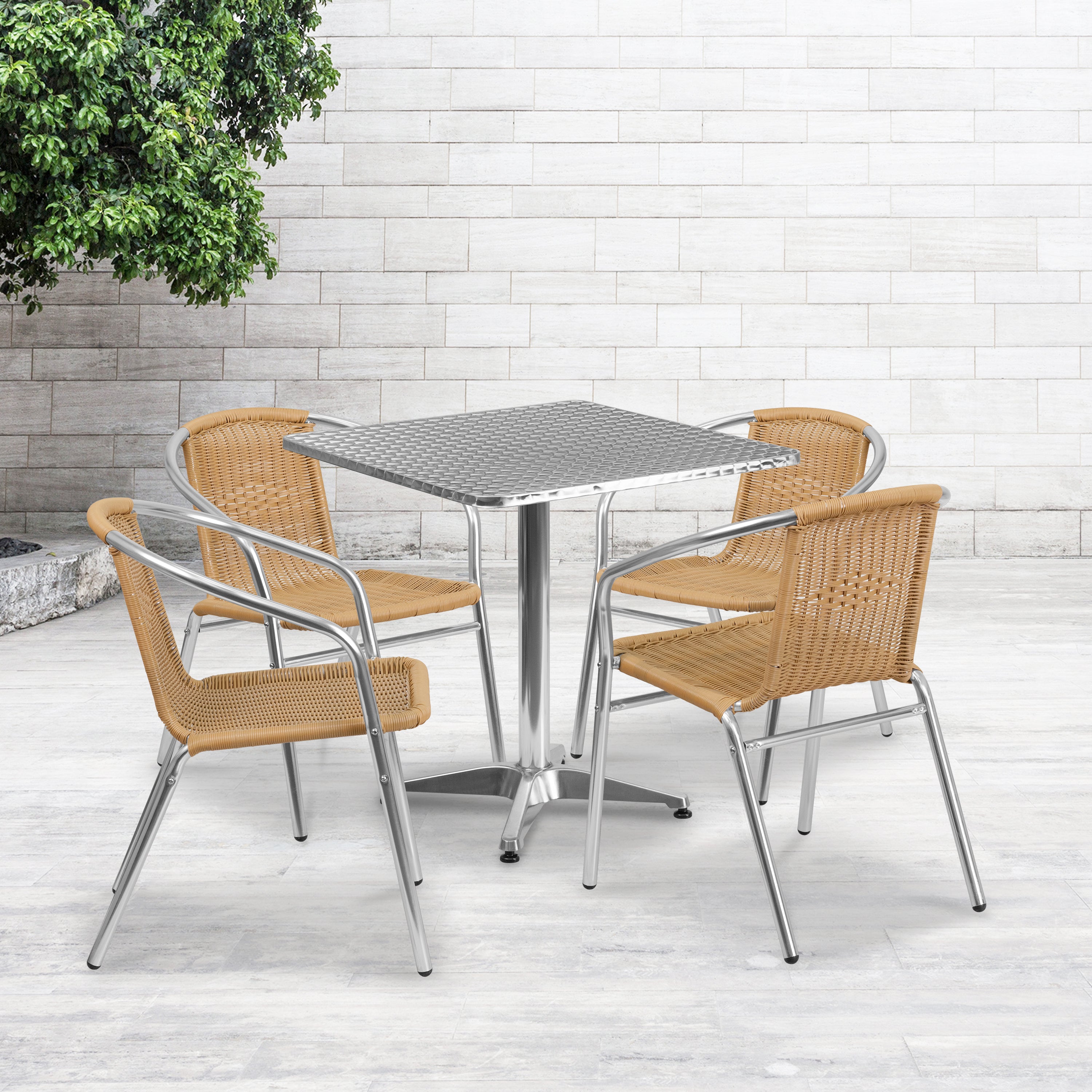 Lila 27.5'' Square Aluminum Indoor-Outdoor Table Set with 4 Rattan Chairs-Indoor/Outdoor Dining Sets-Flash Furniture-Wall2Wall Furnishings