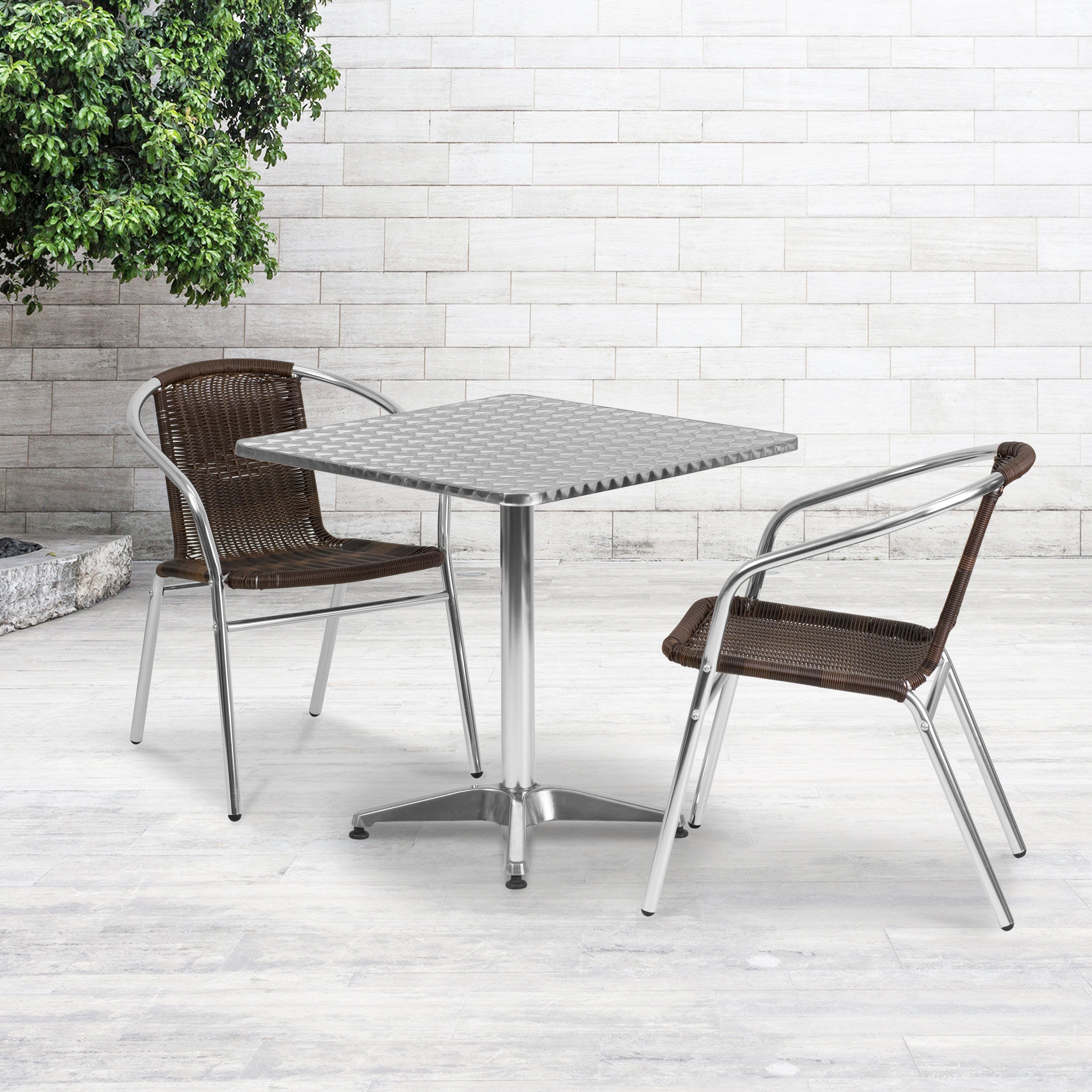 Lila 27.5'' Square Aluminum Indoor-Outdoor Table Set with 2 Rattan Chairs-Indoor/Outdoor Dining Sets-Flash Furniture-Wall2Wall Furnishings