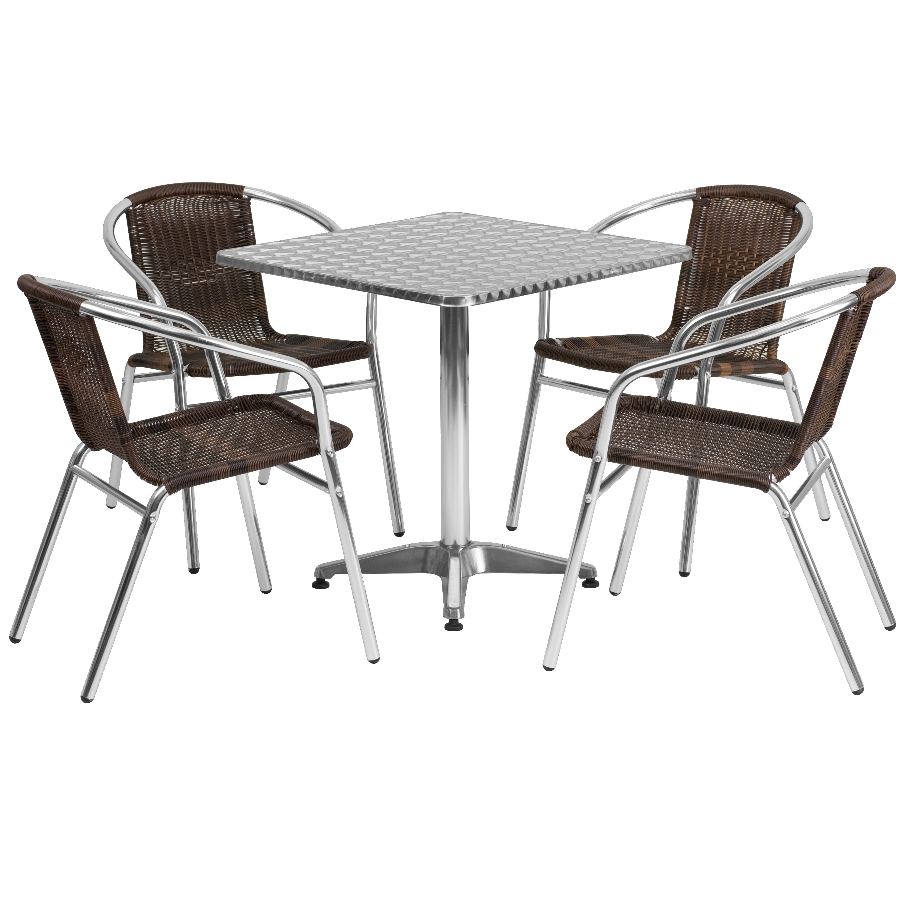 Lila 27.5'' Square Aluminum Indoor-Outdoor Table Set with 4 Rattan Chairs-Indoor/Outdoor Dining Sets-Flash Furniture-Wall2Wall Furnishings