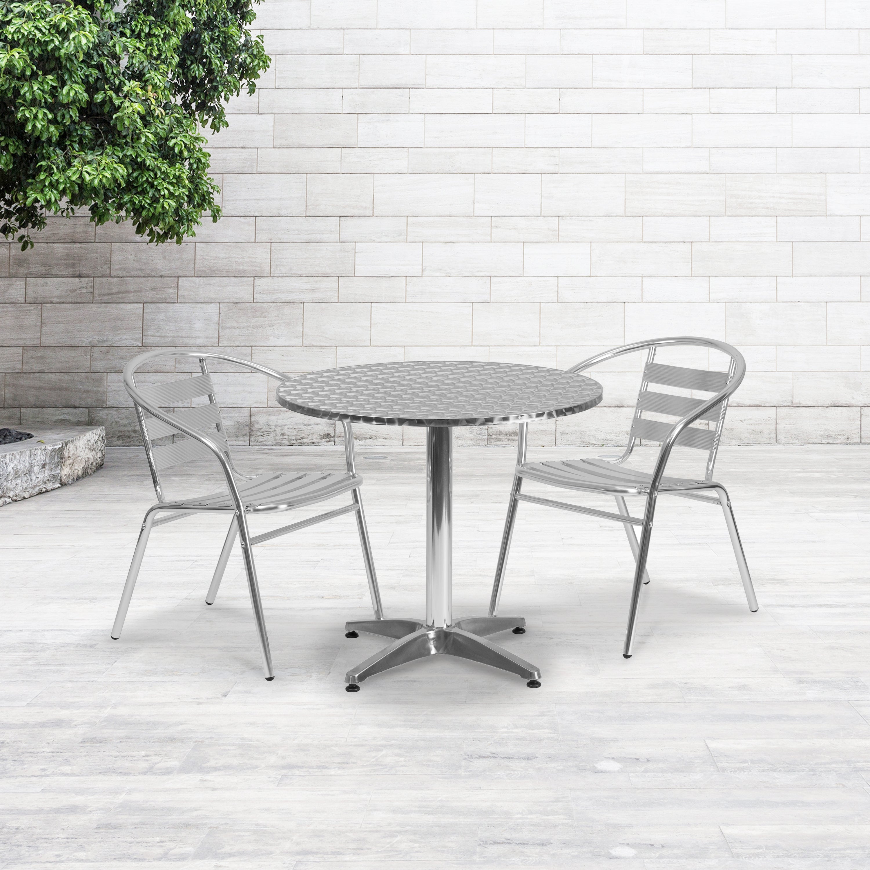 Lila 31.5'' Round Aluminum Indoor-Outdoor Table Set with 2 Slat Back Chairs-Indoor/Outdoor Dining Sets-Flash Furniture-Wall2Wall Furnishings