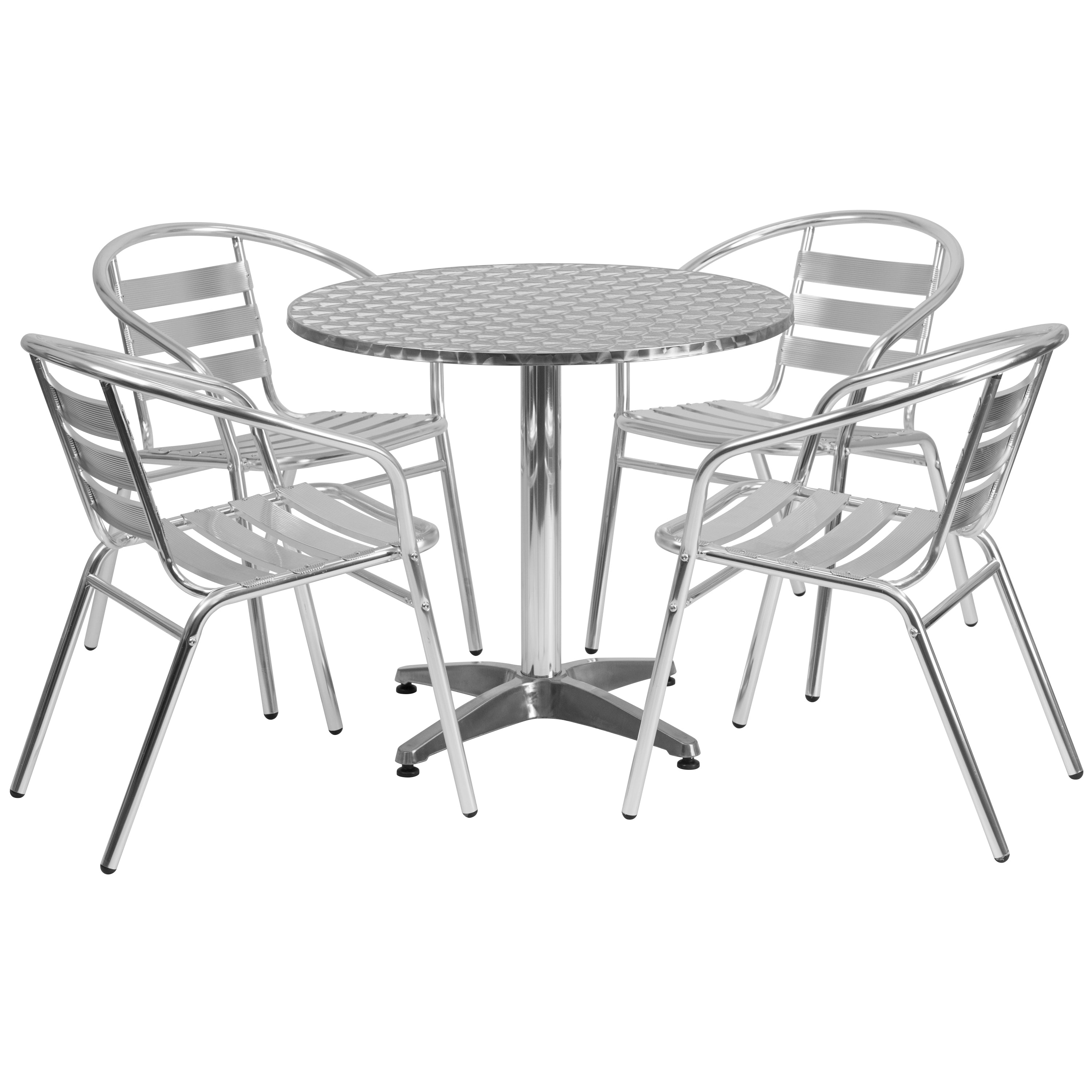 Lila 31.5'' Round Aluminum Indoor-Outdoor Table Set with 4 Slat Back Chairs-Indoor/Outdoor Dining Sets-Flash Furniture-Wall2Wall Furnishings