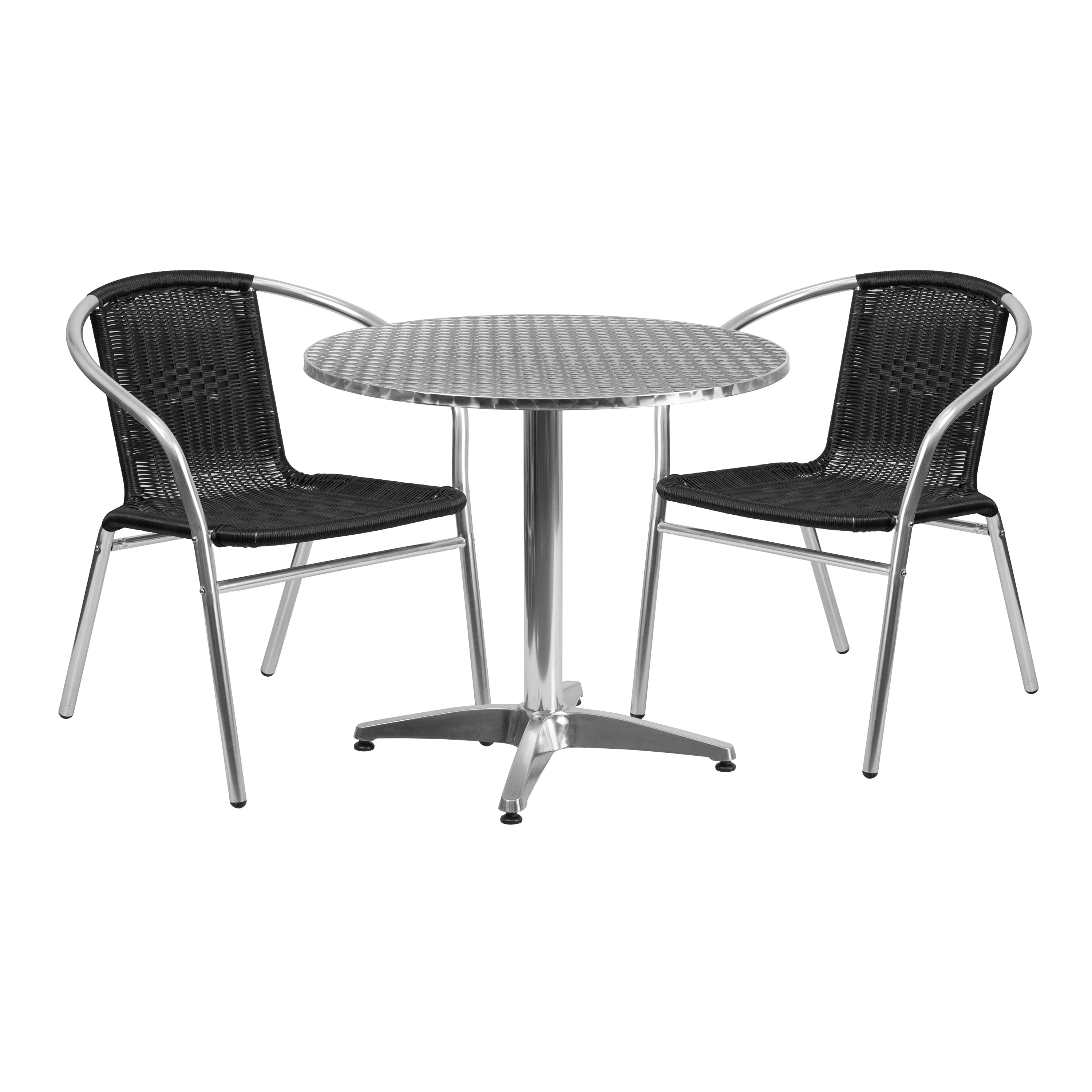 Lila 31.5'' Round Aluminum Indoor-Outdoor Table Set with 2 Rattan Chairs-Indoor/Outdoor Dining Sets-Flash Furniture-Wall2Wall Furnishings