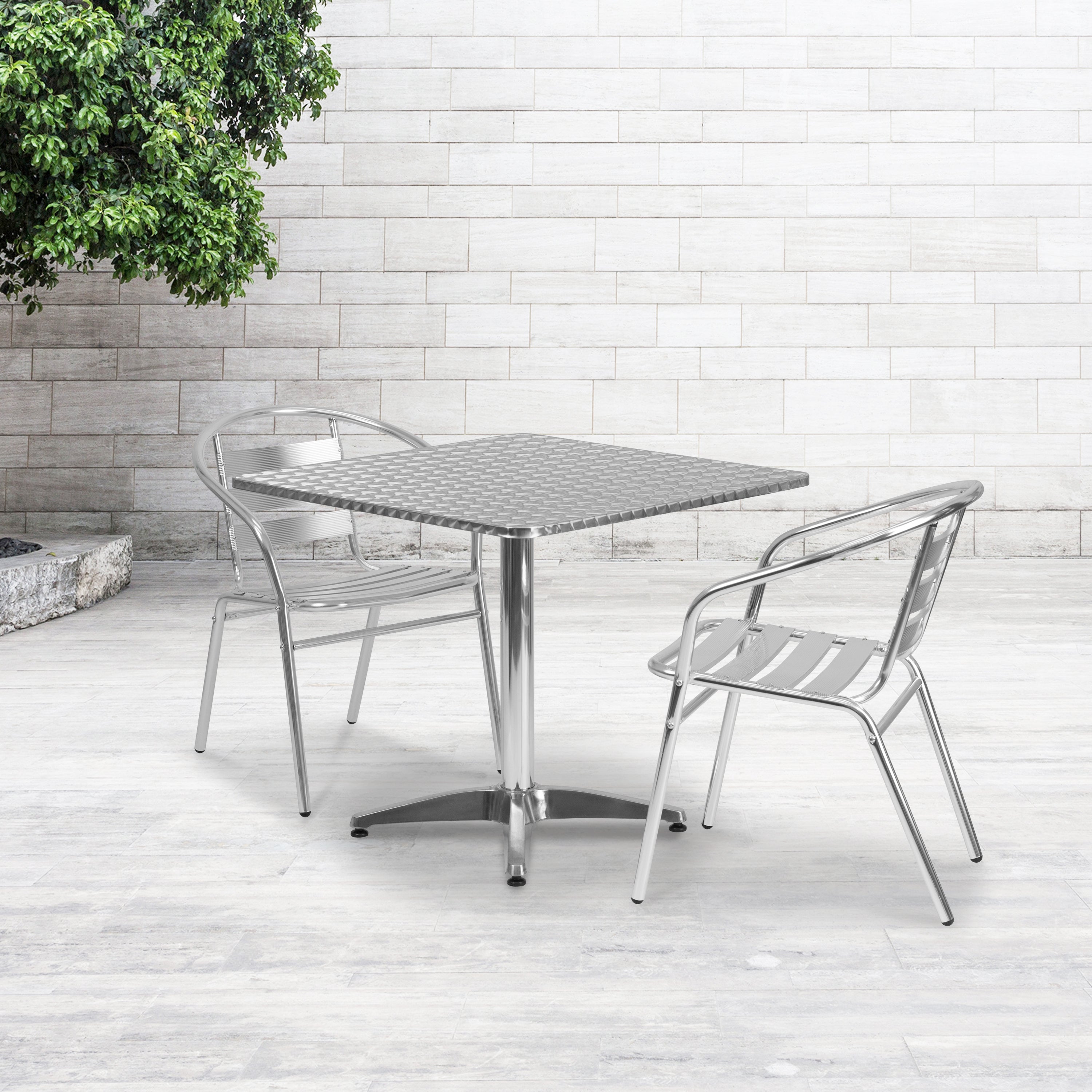 Lila 31.5'' Square Aluminum Indoor-Outdoor Table Set with 2 Slat Back Chairs-Indoor/Outdoor Dining Sets-Flash Furniture-Wall2Wall Furnishings