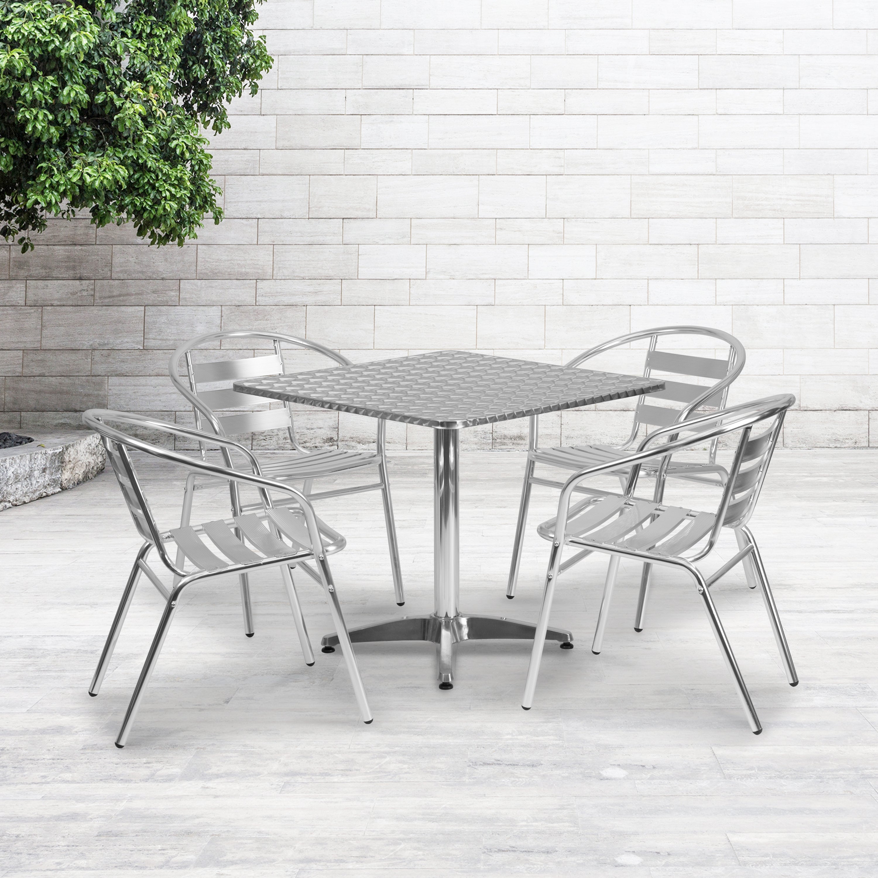 Lila 31.5'' Square Aluminum Indoor-Outdoor Table Set with 4 Slat Back Chairs-Indoor/Outdoor Dining Sets-Flash Furniture-Wall2Wall Furnishings